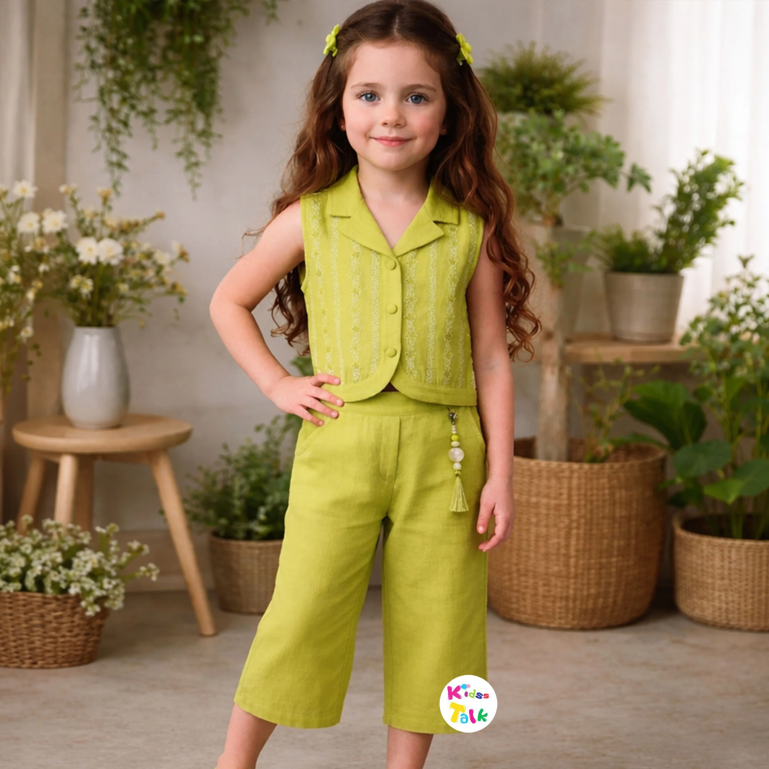 Cotton Sleeveless Culottes Set With Cute Embroidered - Pista Green
