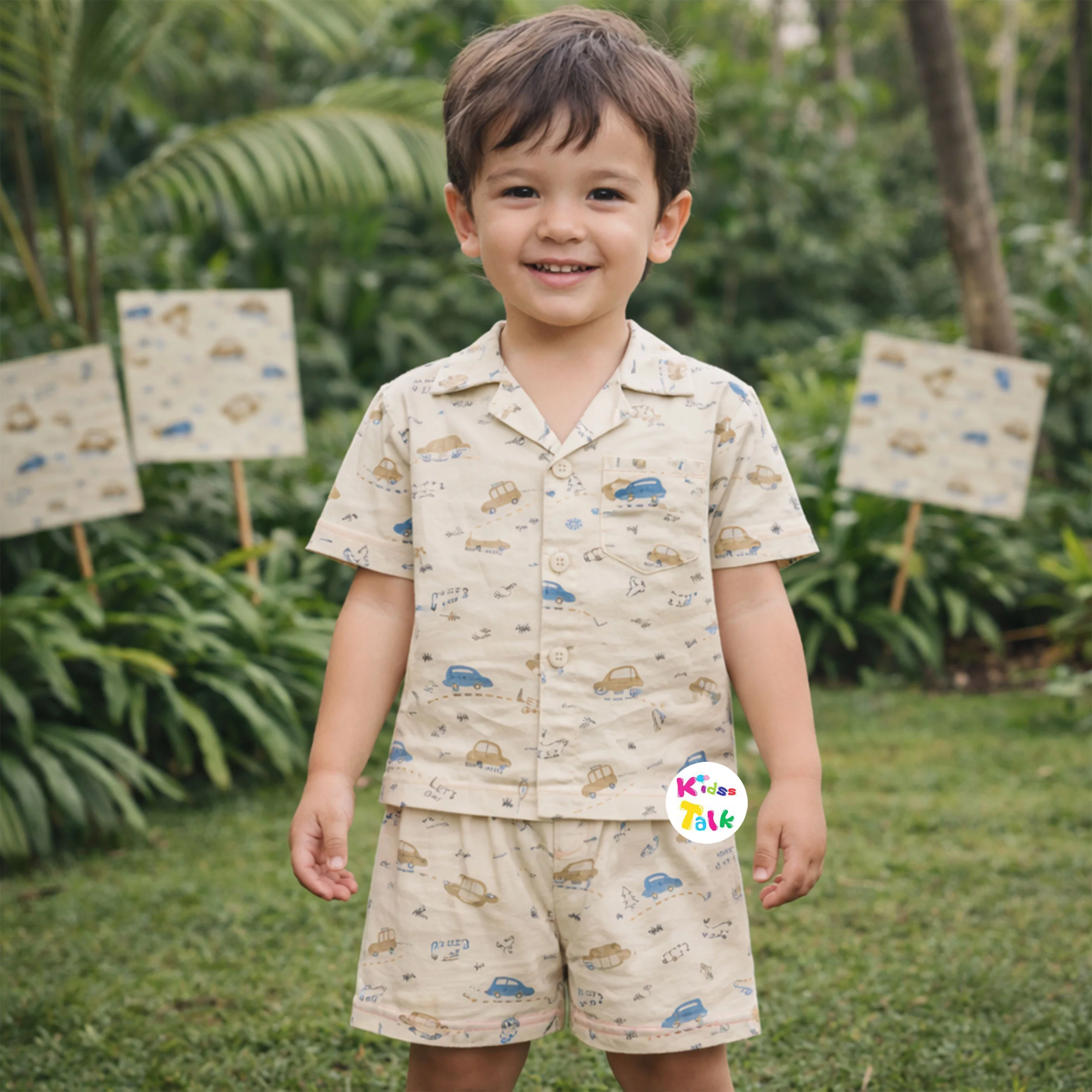 Cotton Half Sleeve Shirt Set With Cute Printed - Cream