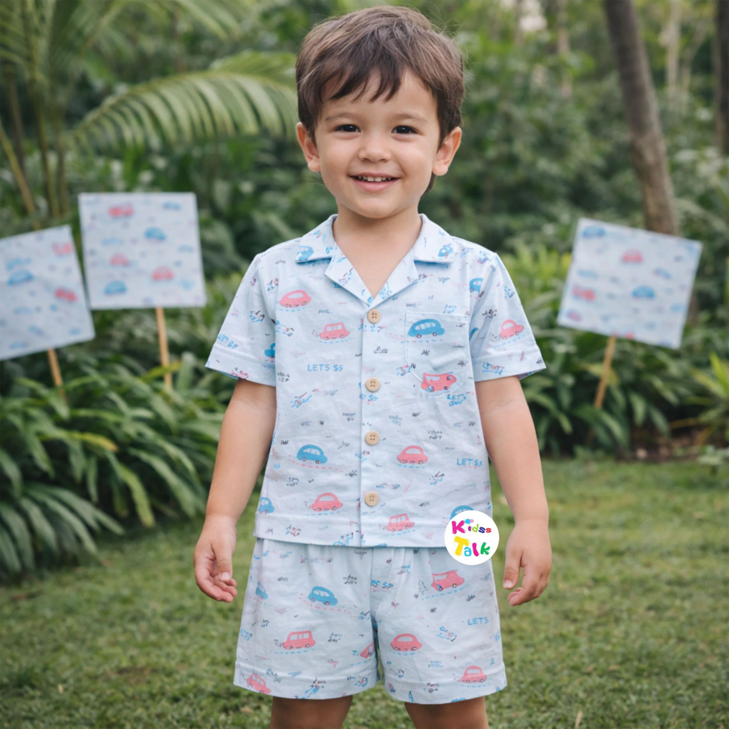 Cotton Half Sleeve Shirt Set With Cute Printed - Ice Blue