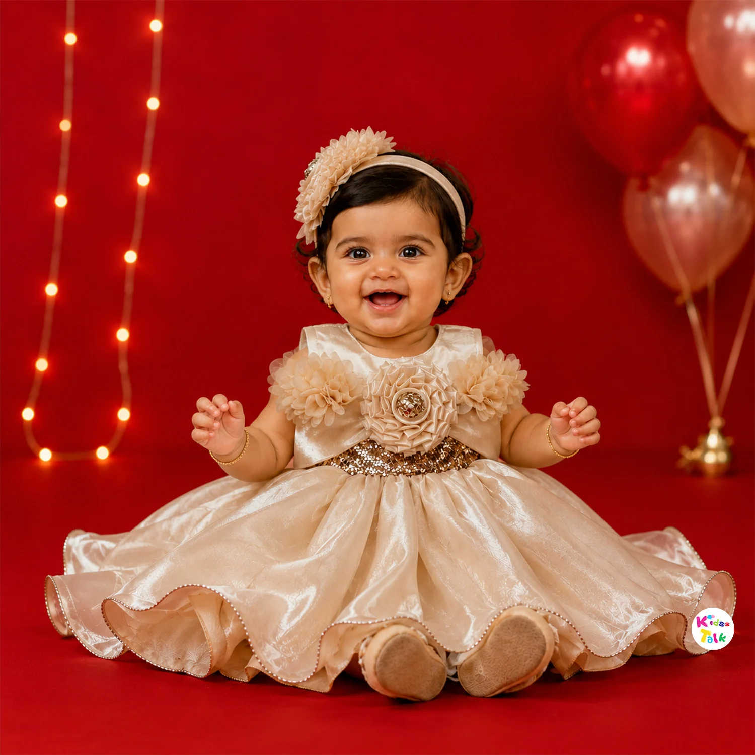 Satin Sleeveless Frock With Embroidery - Beige