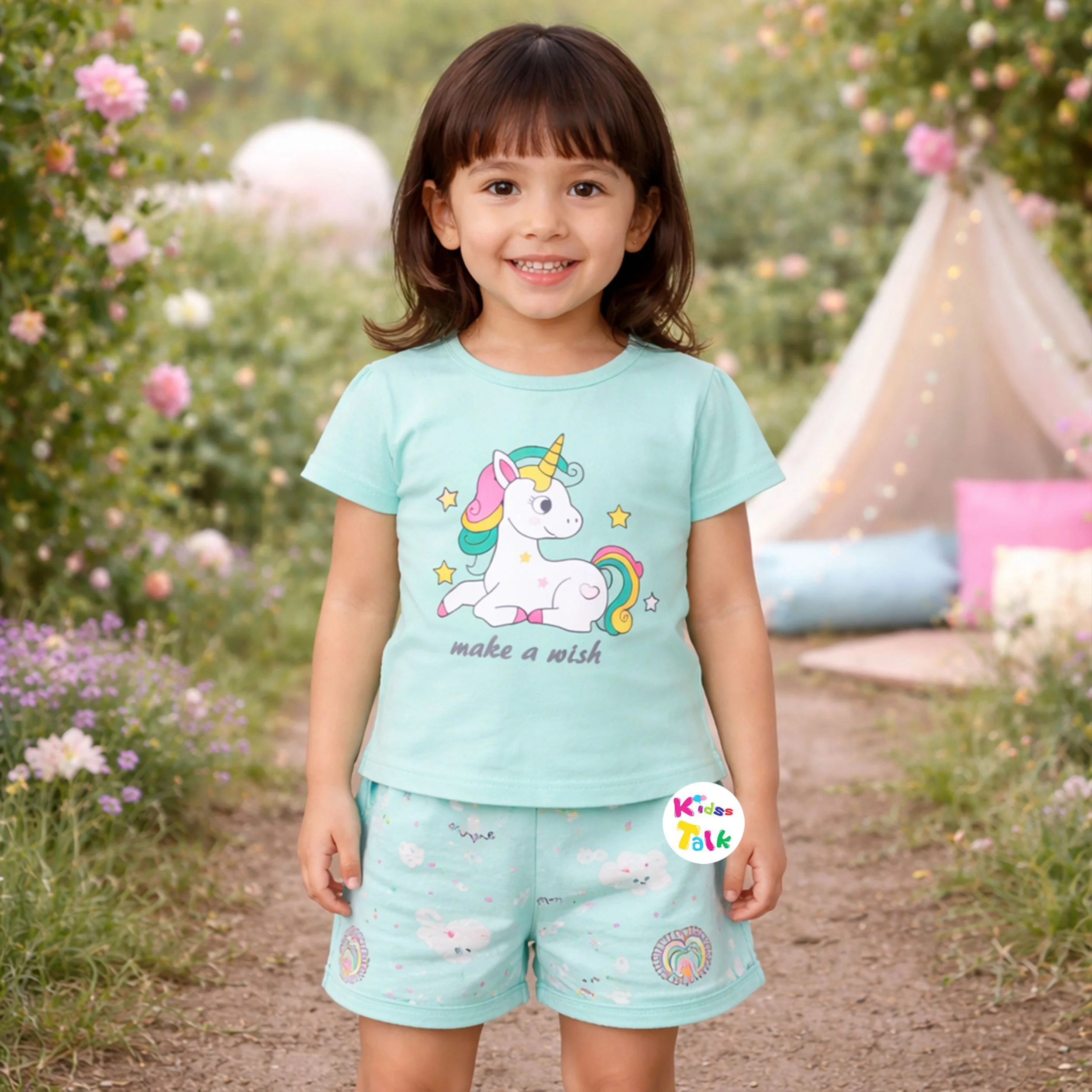 Cotton Knitted Half Sleeve T-shirt Set With Cute Printed - Mint Green