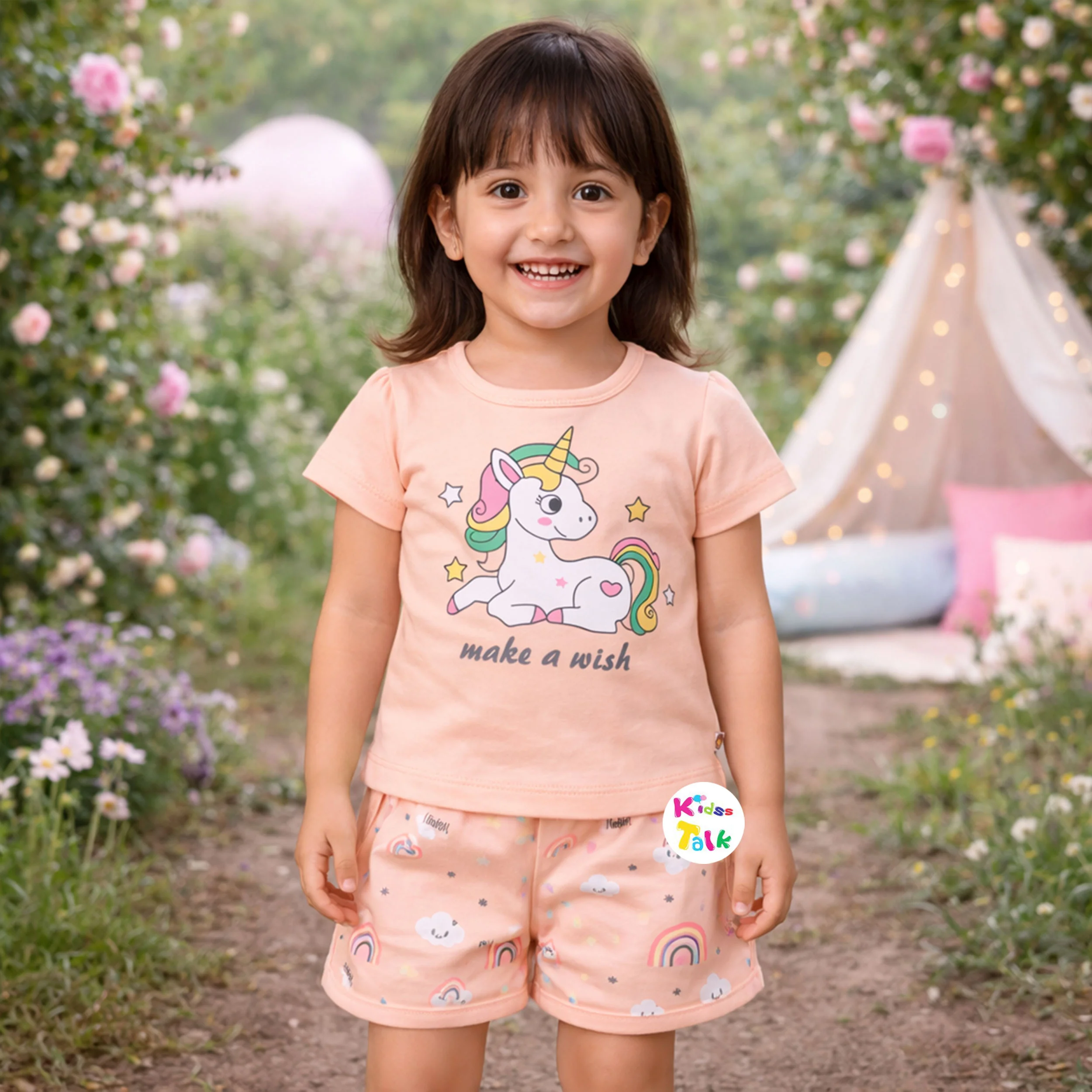 Cotton Knitted Half Sleeve T-shirt Set With Cute Printed - Peach