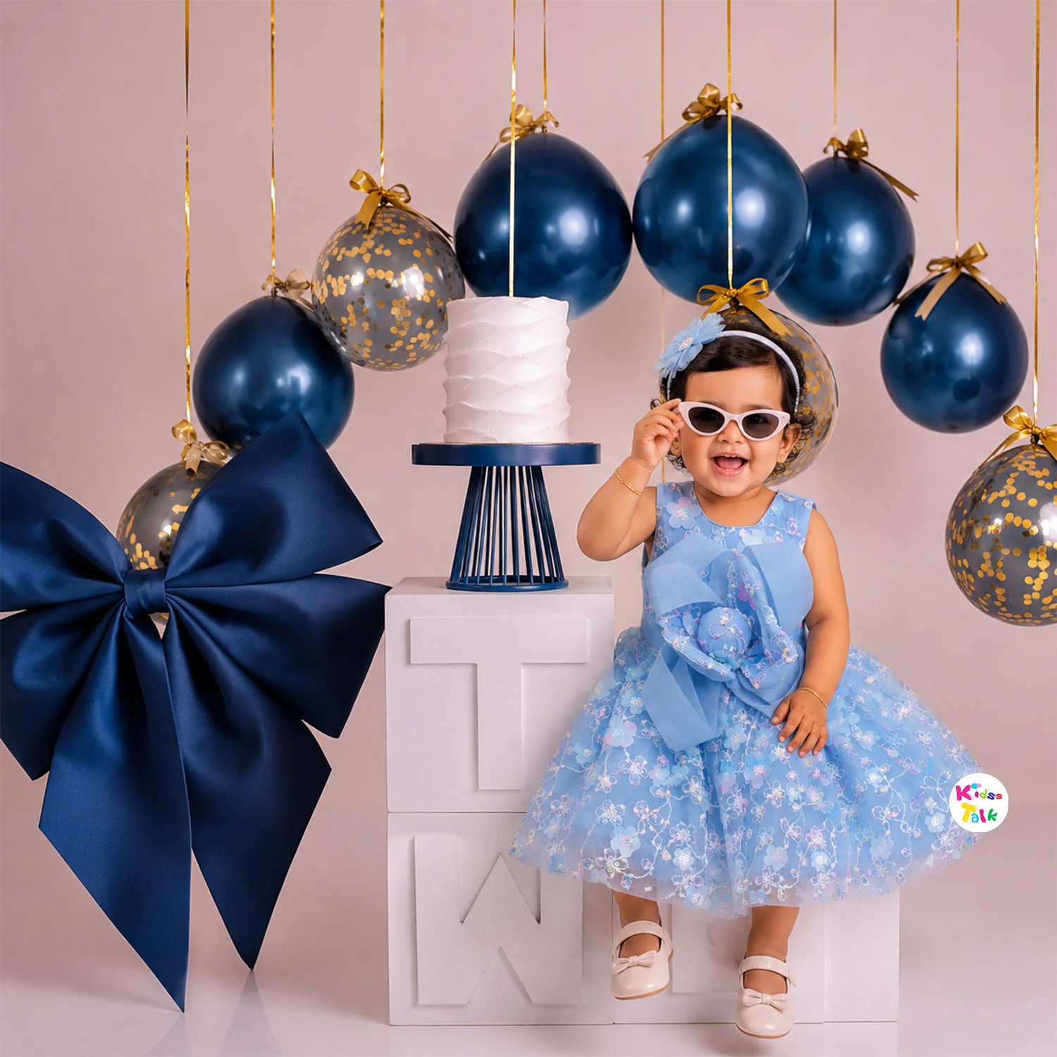 Net Sleeveless Frock With Embroidery - Blue