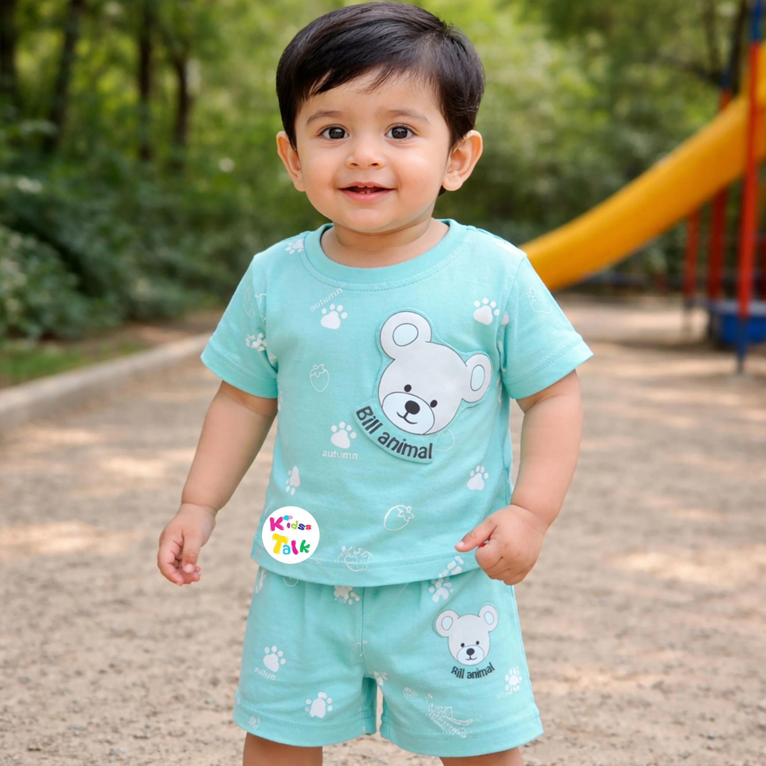 Cotton Knitted Half Sleeve T-shirt Set With Cute Print - Turquoise