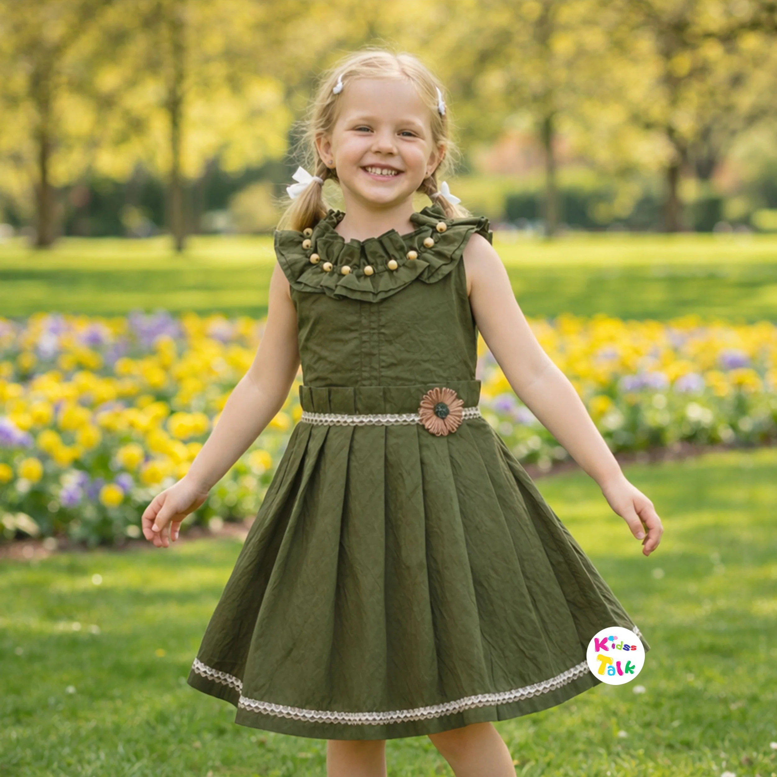 Cotton Sleeveless Cute Frock - Olive Green