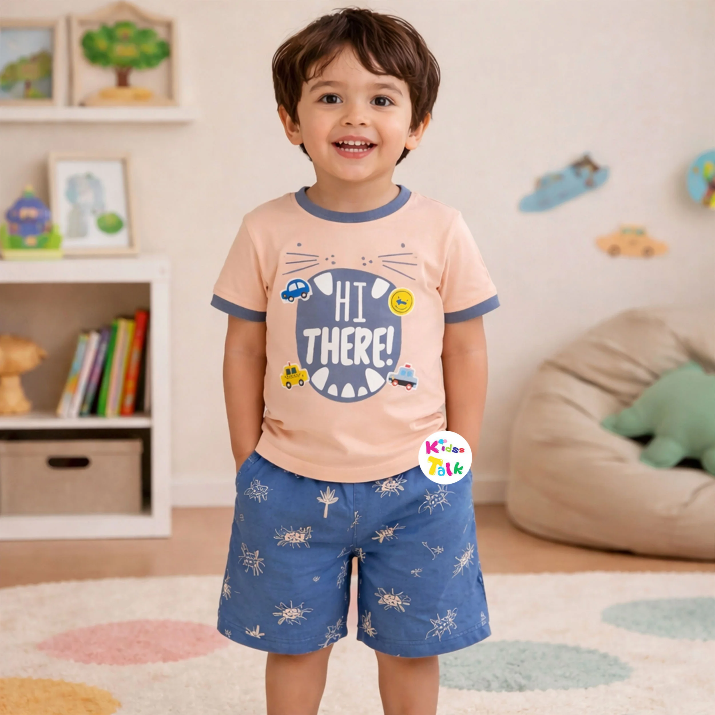 Cotton Knitted Half Sleeve T-shirt Set With Cute Print - Peach