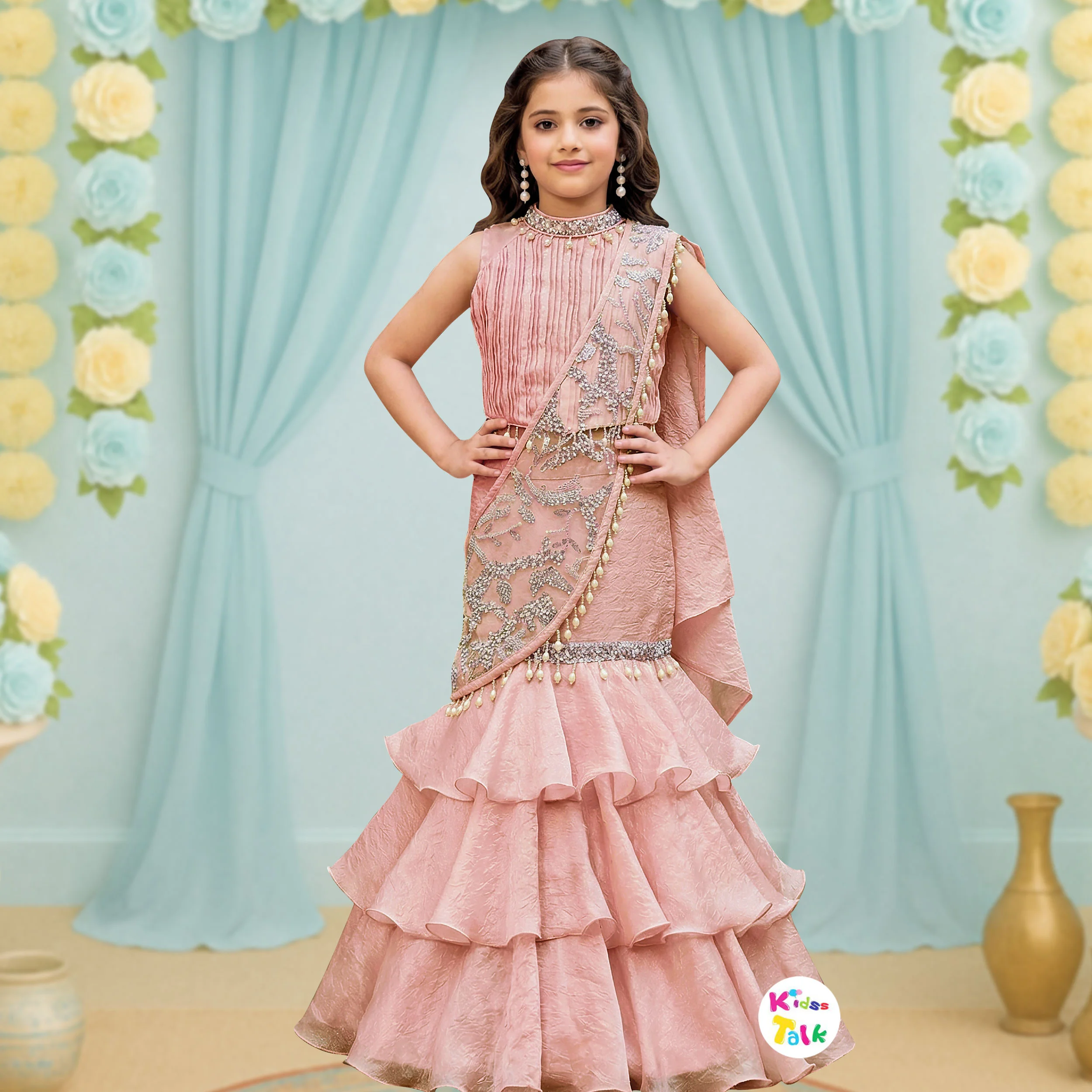 Organza Sleeveless Party Choli Set With Bead Work - Peach