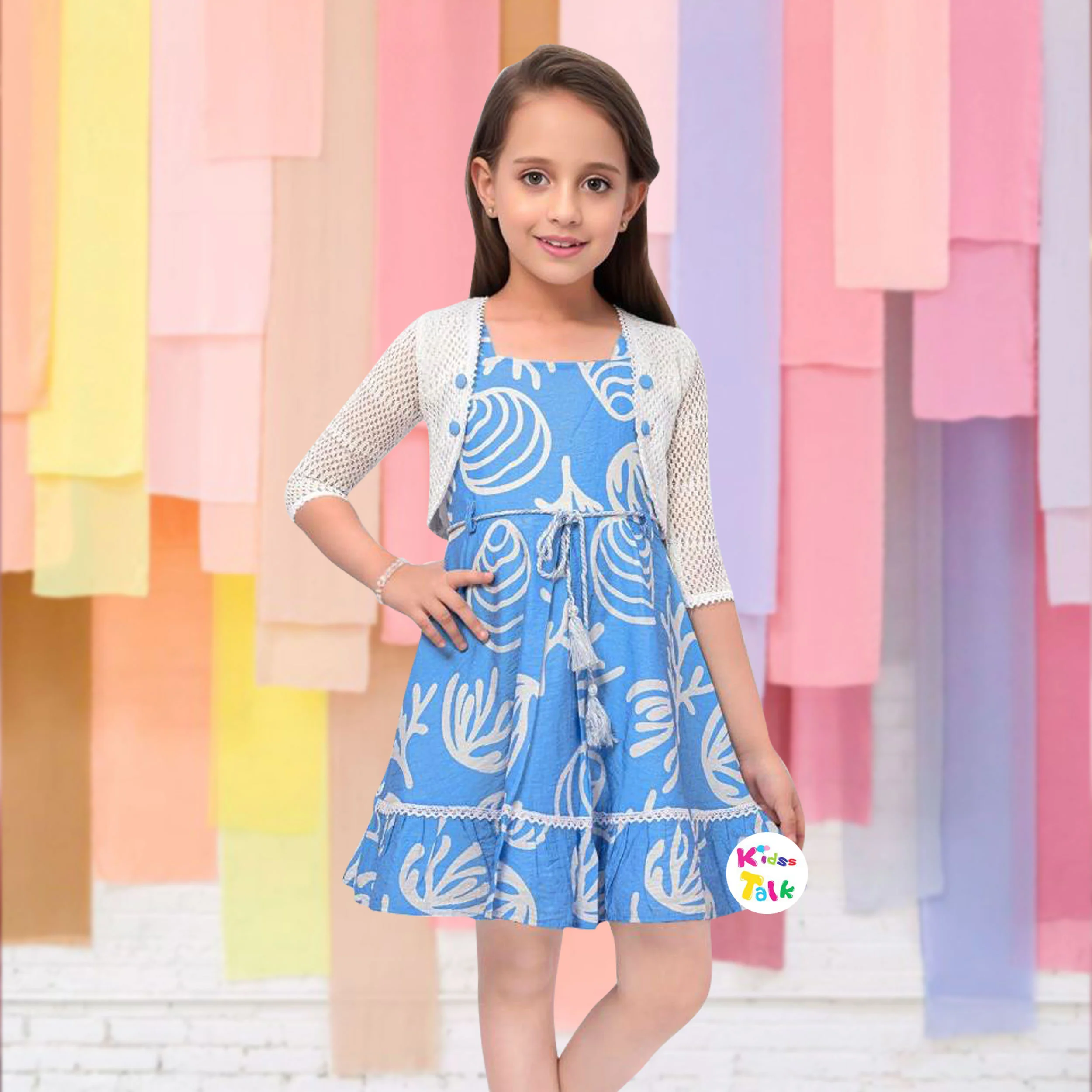 Cotton Sleeveless Frock With Shrug - Blue