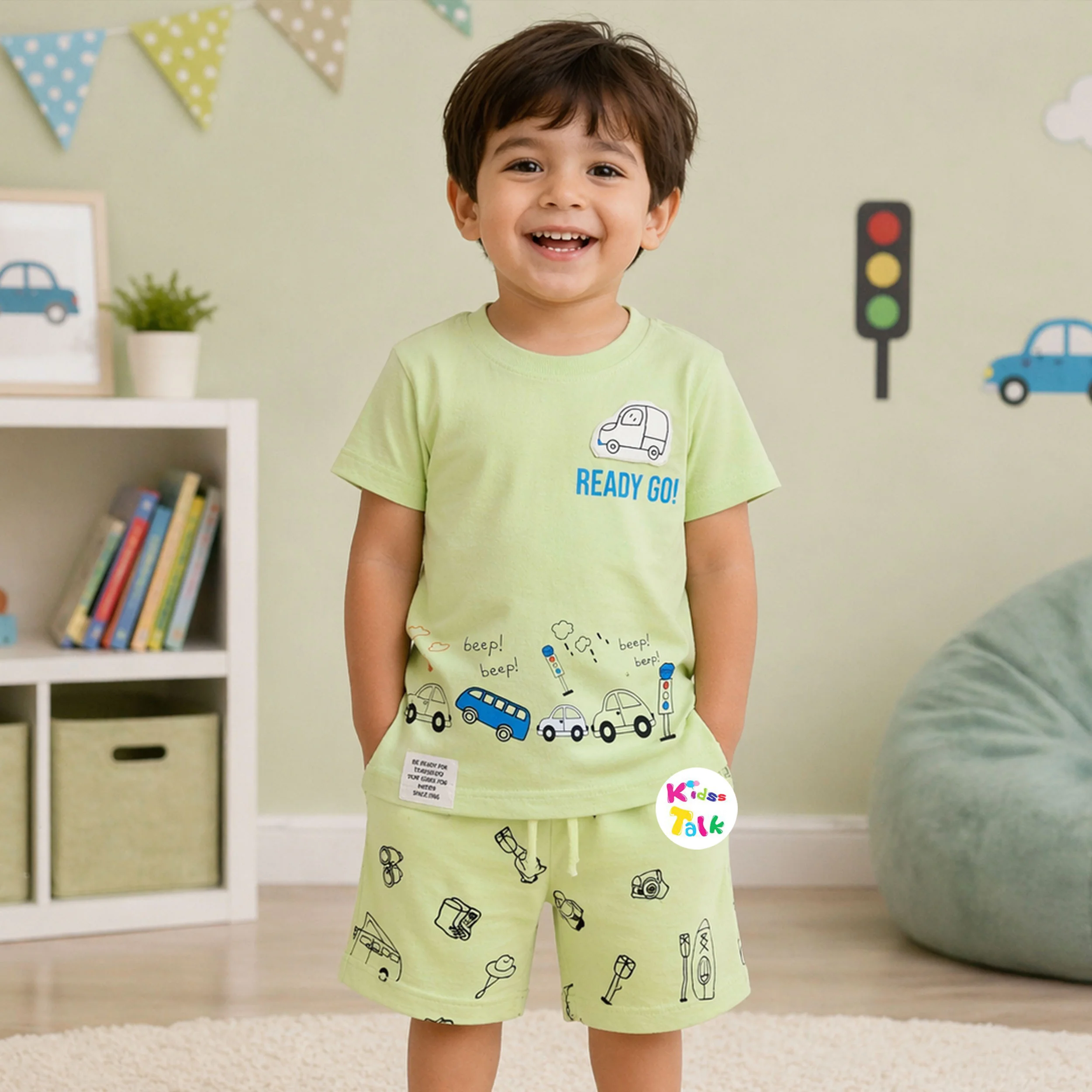 Cotton Knitted Half Sleeve T-shirt Set With Cute Print - Pista Green