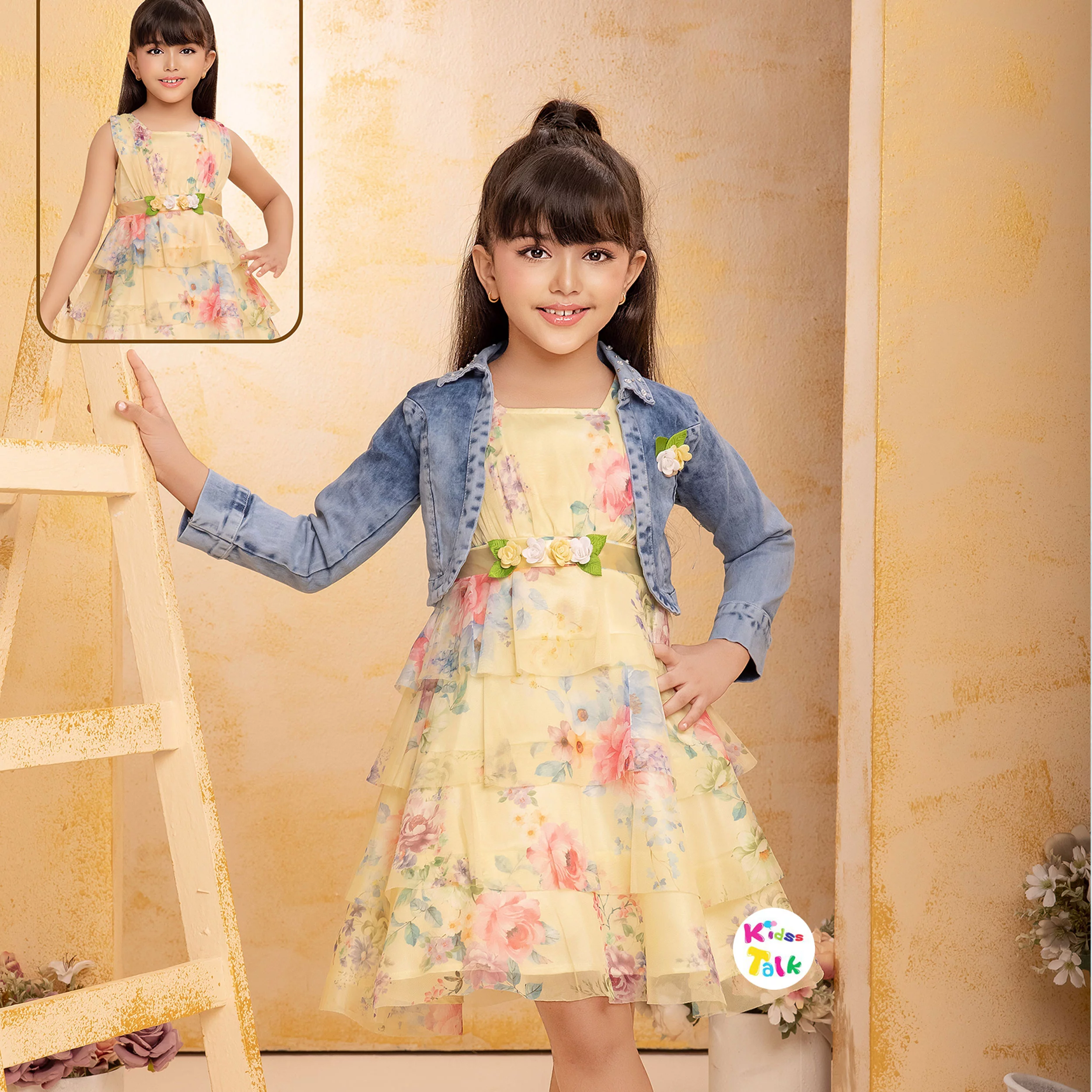 Net Sleeveless Frock With Denim Shrug - Lemon Yellow