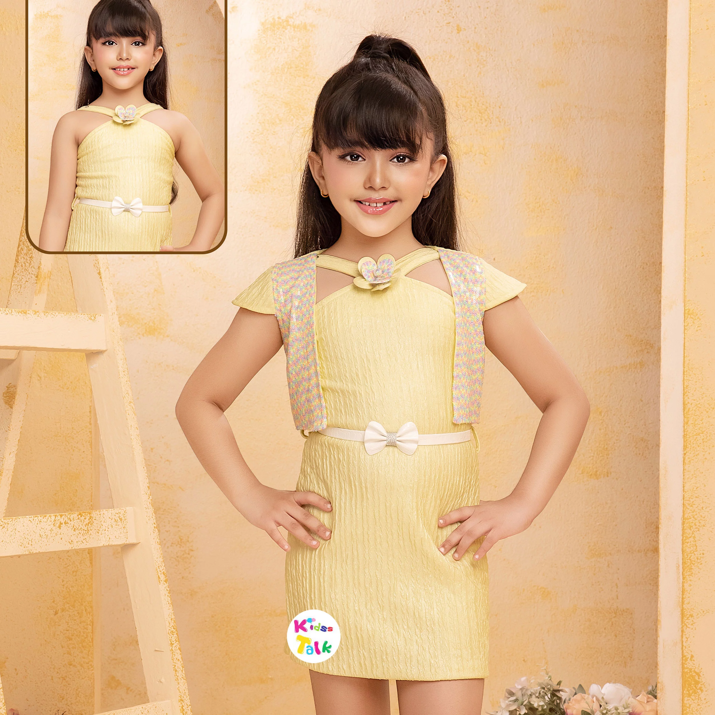 Cute Sleeveless Frock With Sequins Shrug - Lemon Yellow