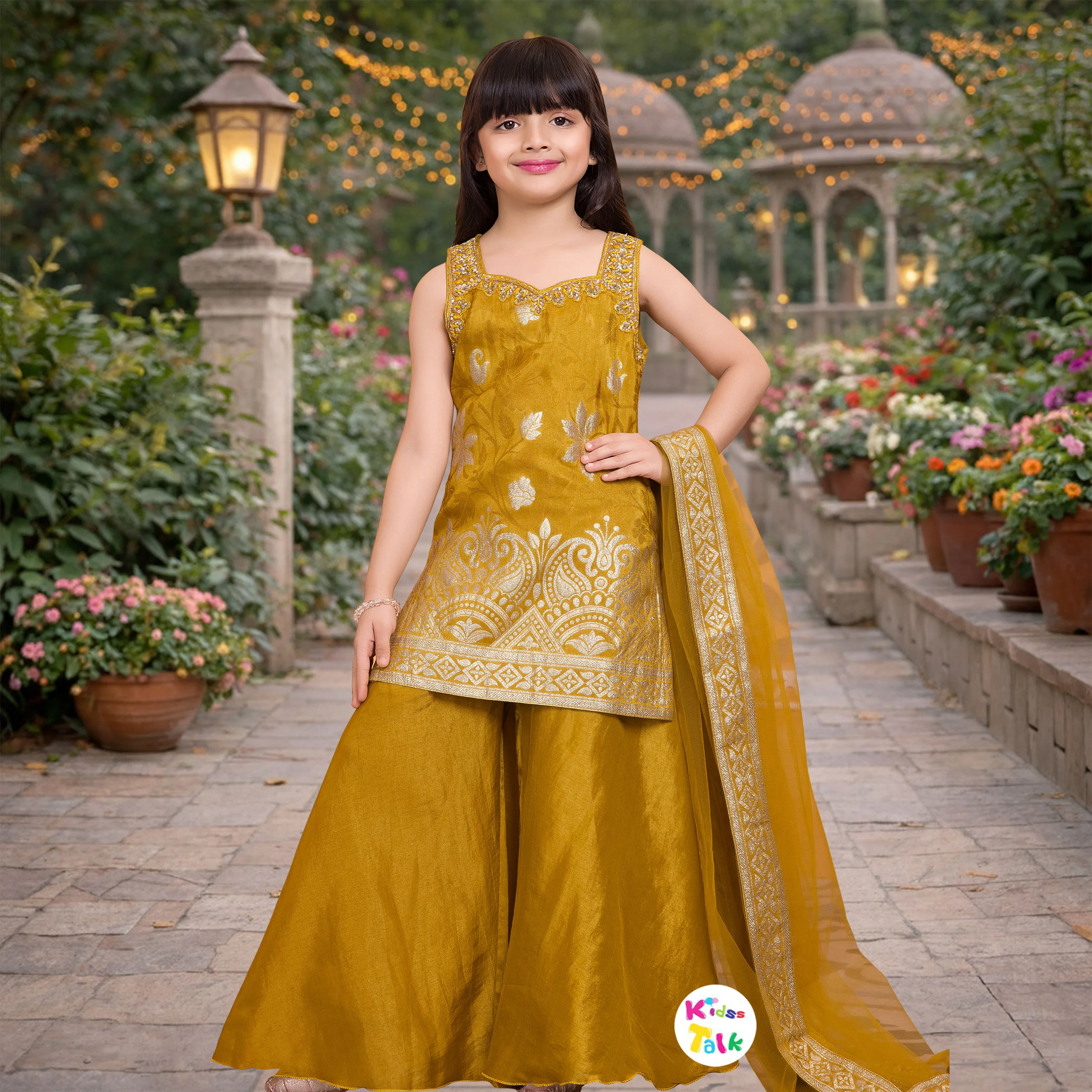 Silk Sleeveless Kurta With Zardhosi Work With Gharara & Dupatta - Mustard