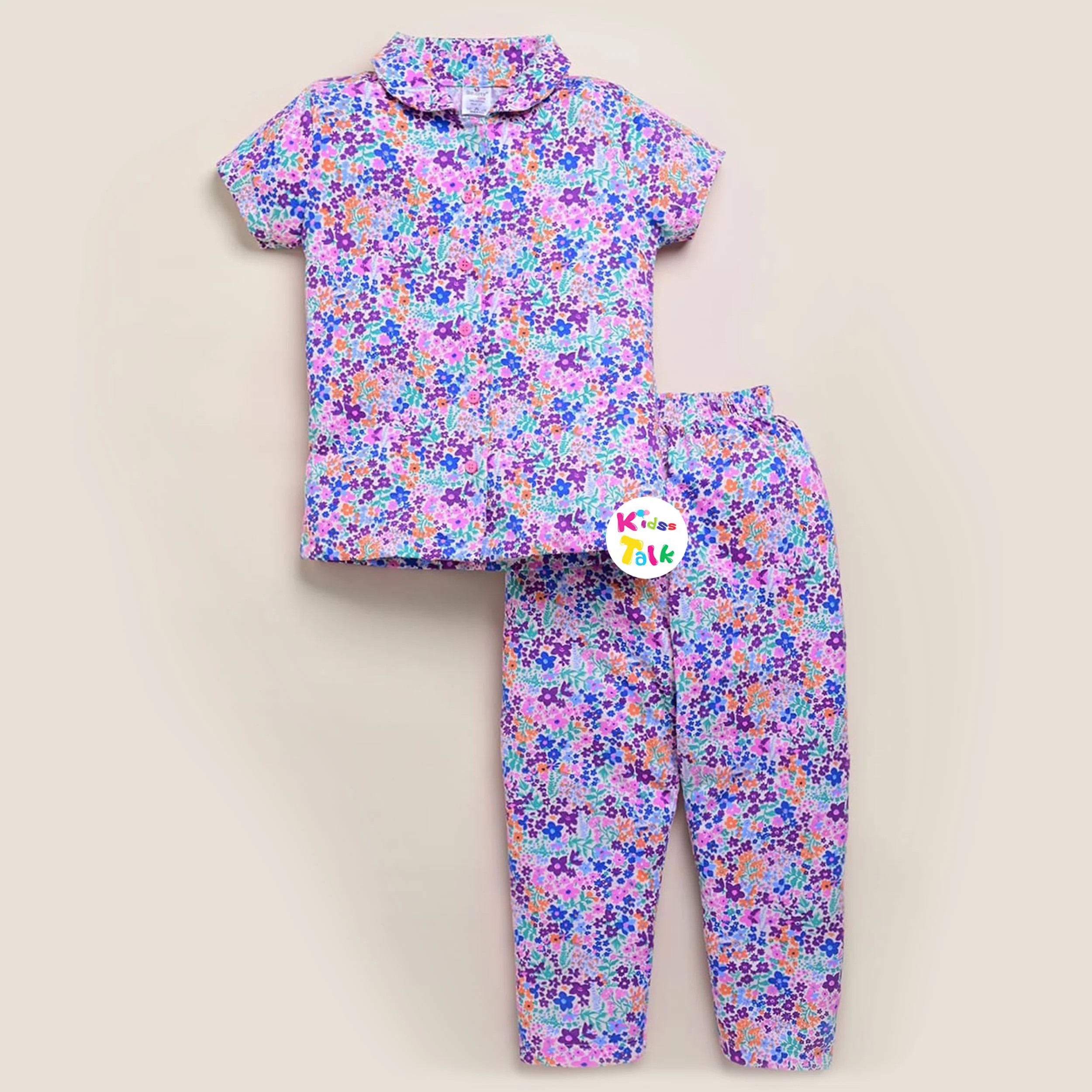 Cotton Half Sleeve Night Suit With Cute Printed - Multicolour