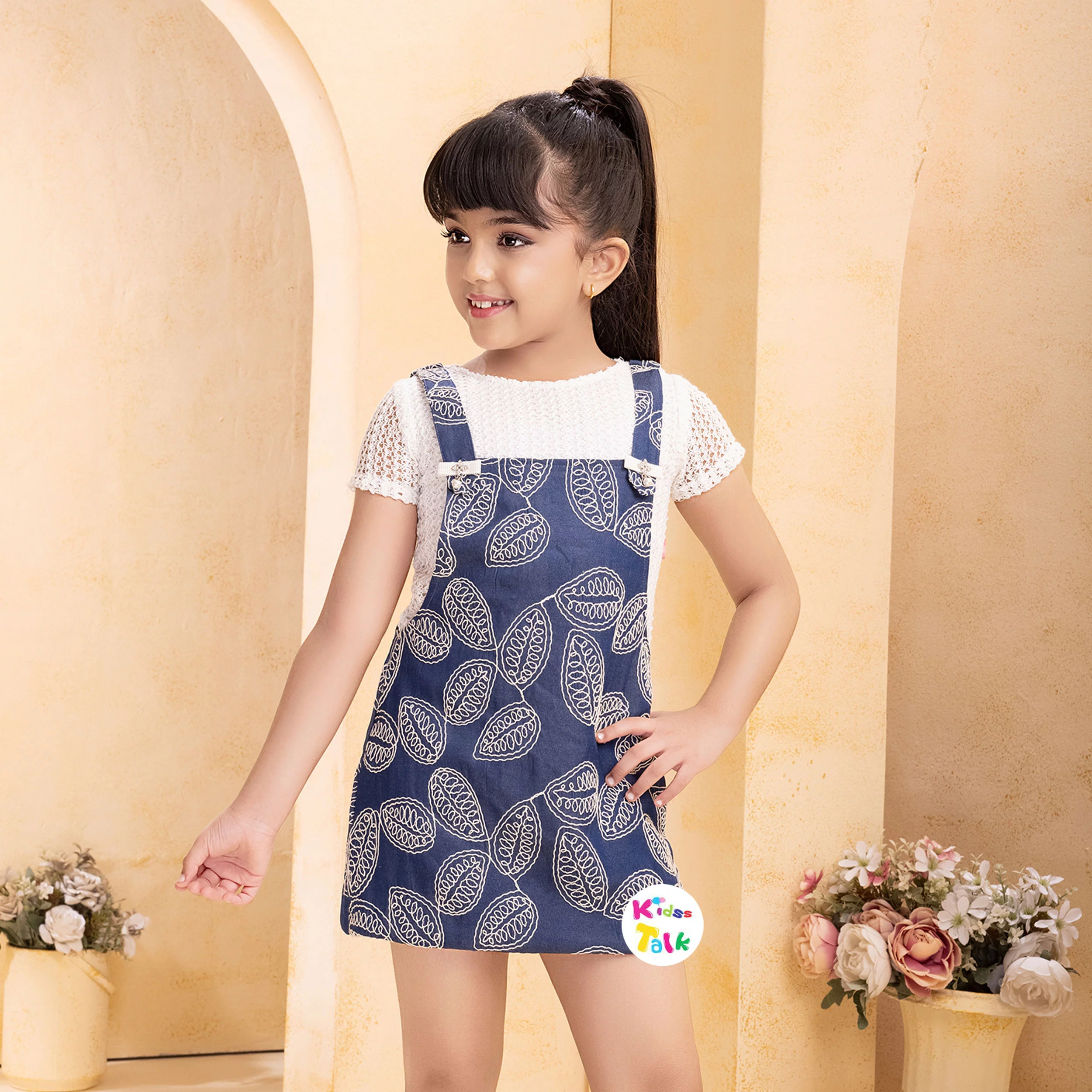 Cotton Half Sleeve Frock With Embroidery - Denim Blue
