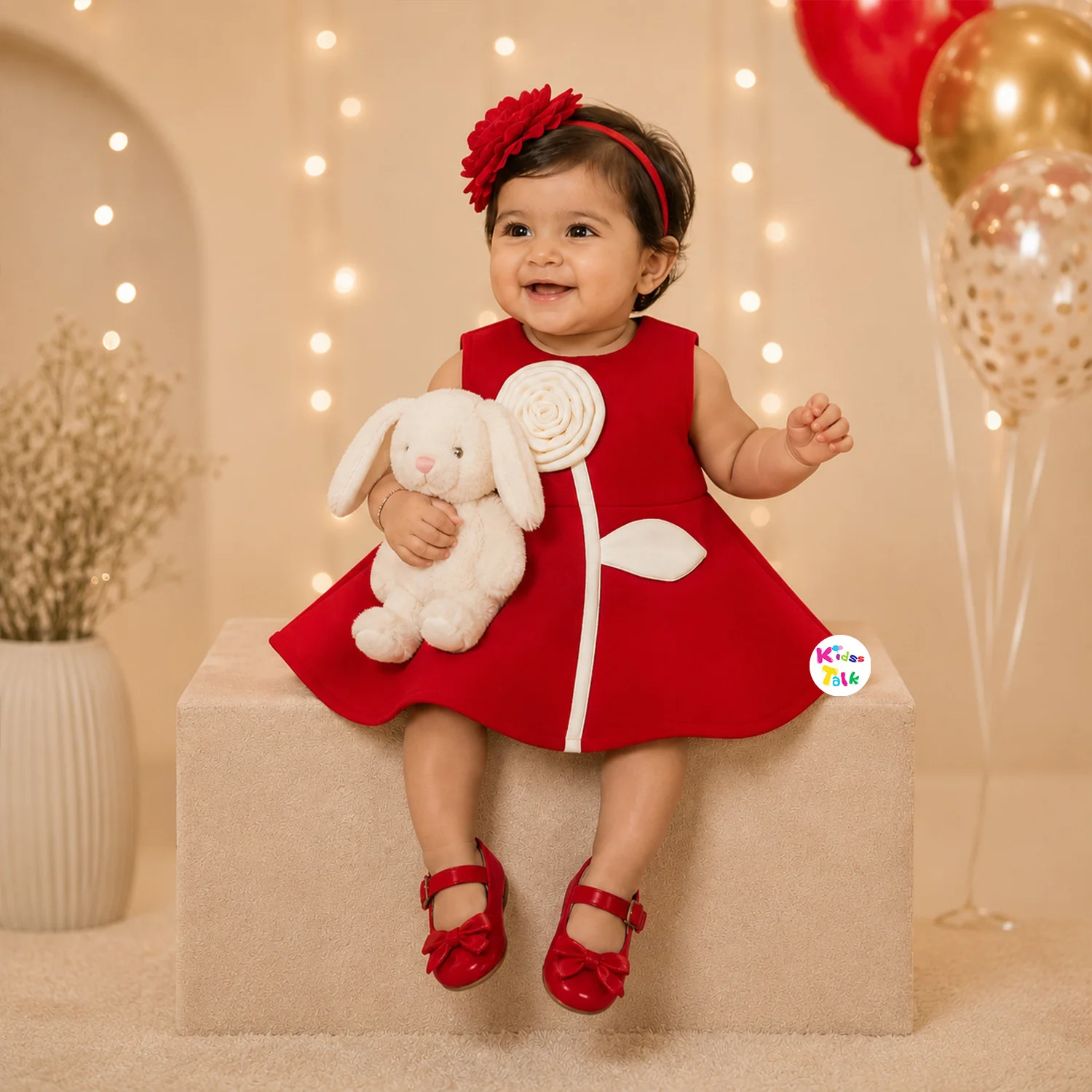 Scuba Sleeveless Frock With Artificial Flower - Red