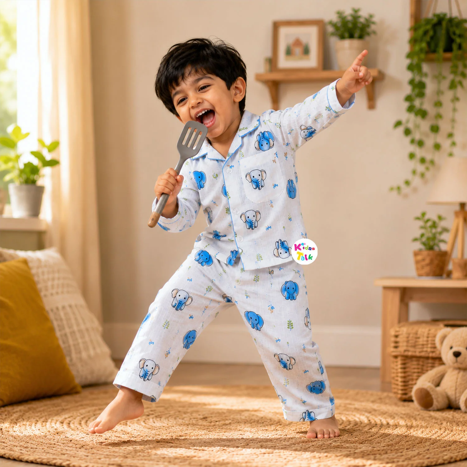 Muslin Full Sleeve Night Suit With Cute Print - White