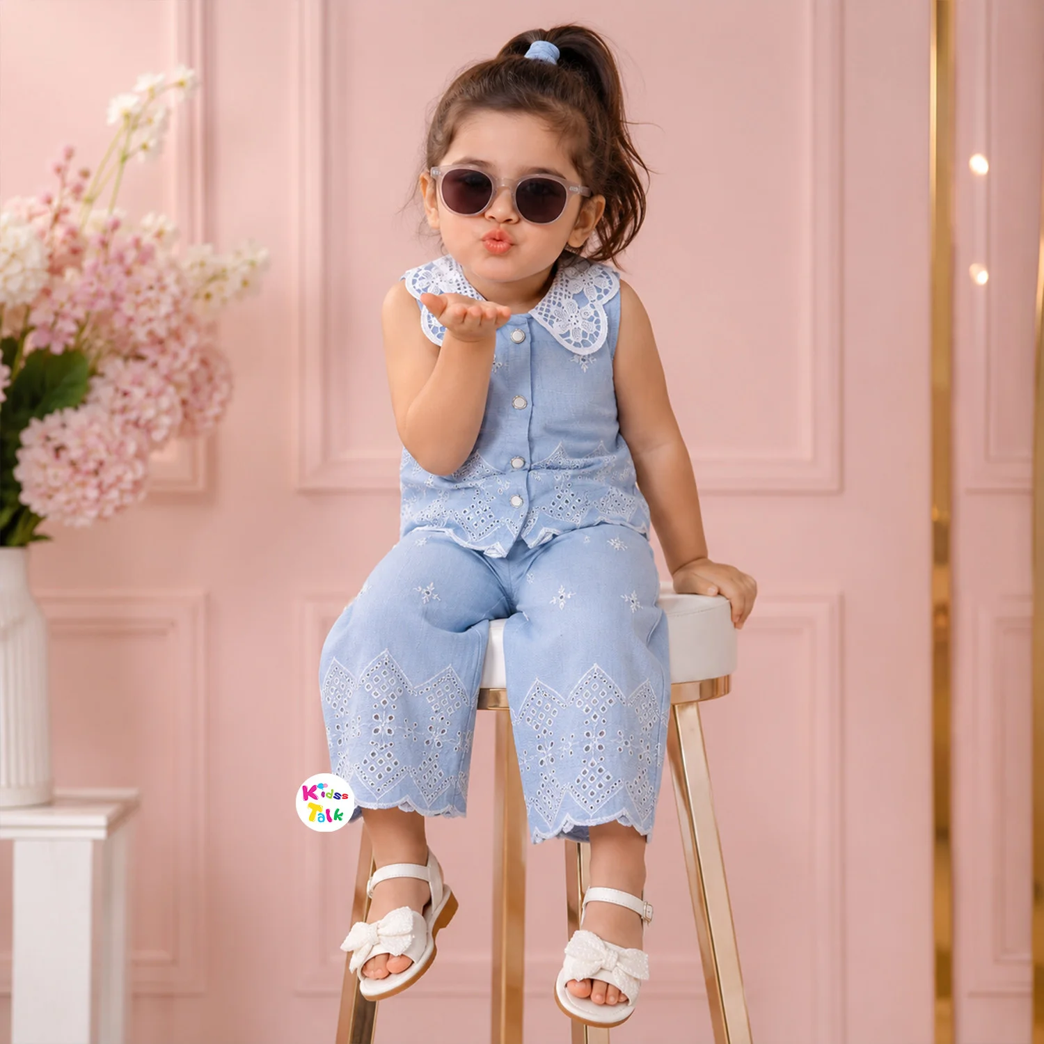 Cotton Lace Collar Top & Pant Set - Light Blue