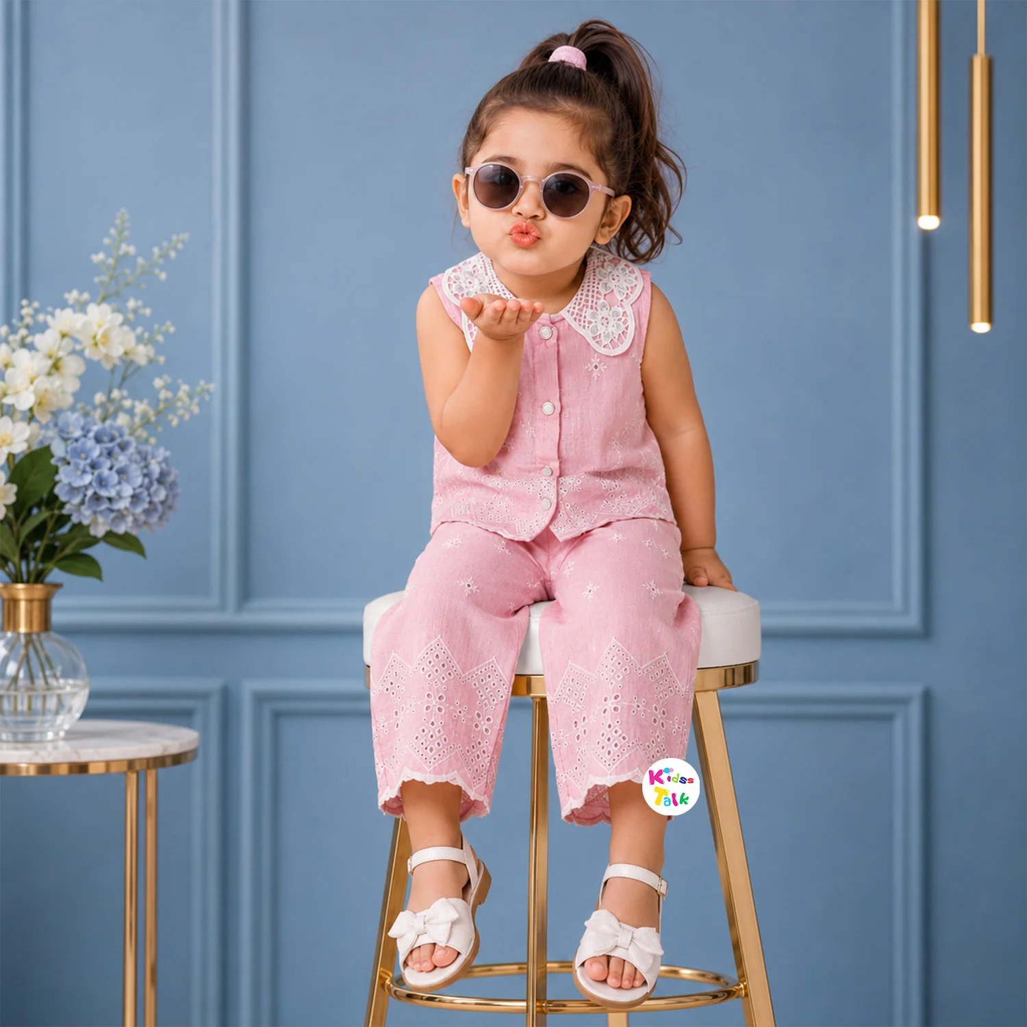 Cotton Lace Collar Top & Pant Set - Pink