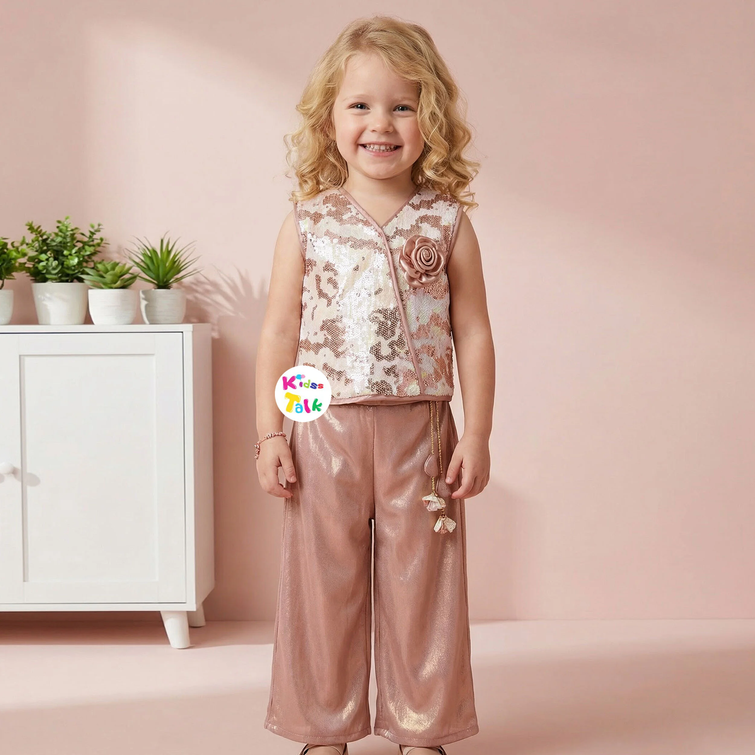 Sequins Sleeveless Top With Shimmer Full Pant - Beige