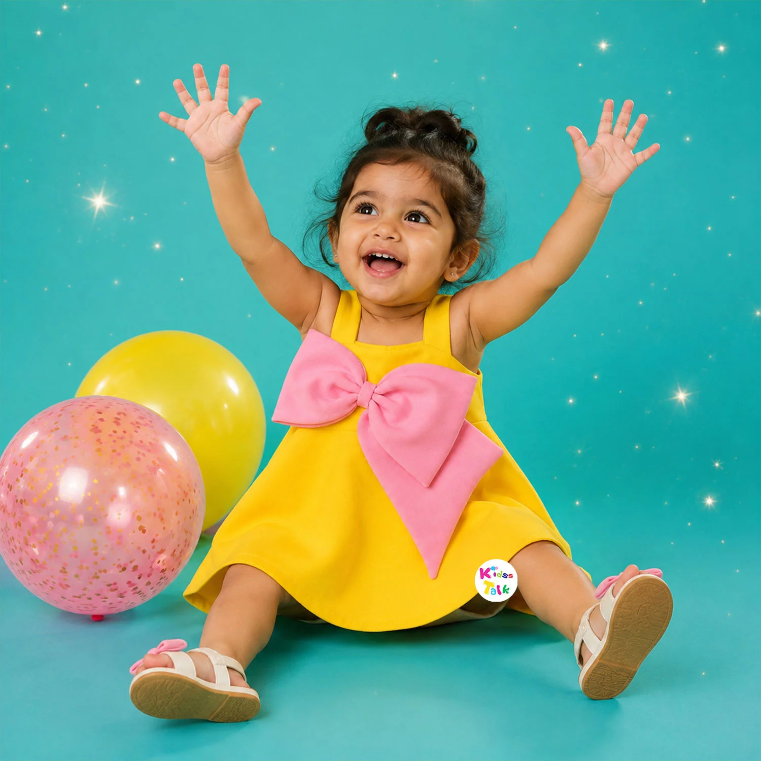 Scuba Sleeveless Party Frock With Bow Applique - Lemon Yellow