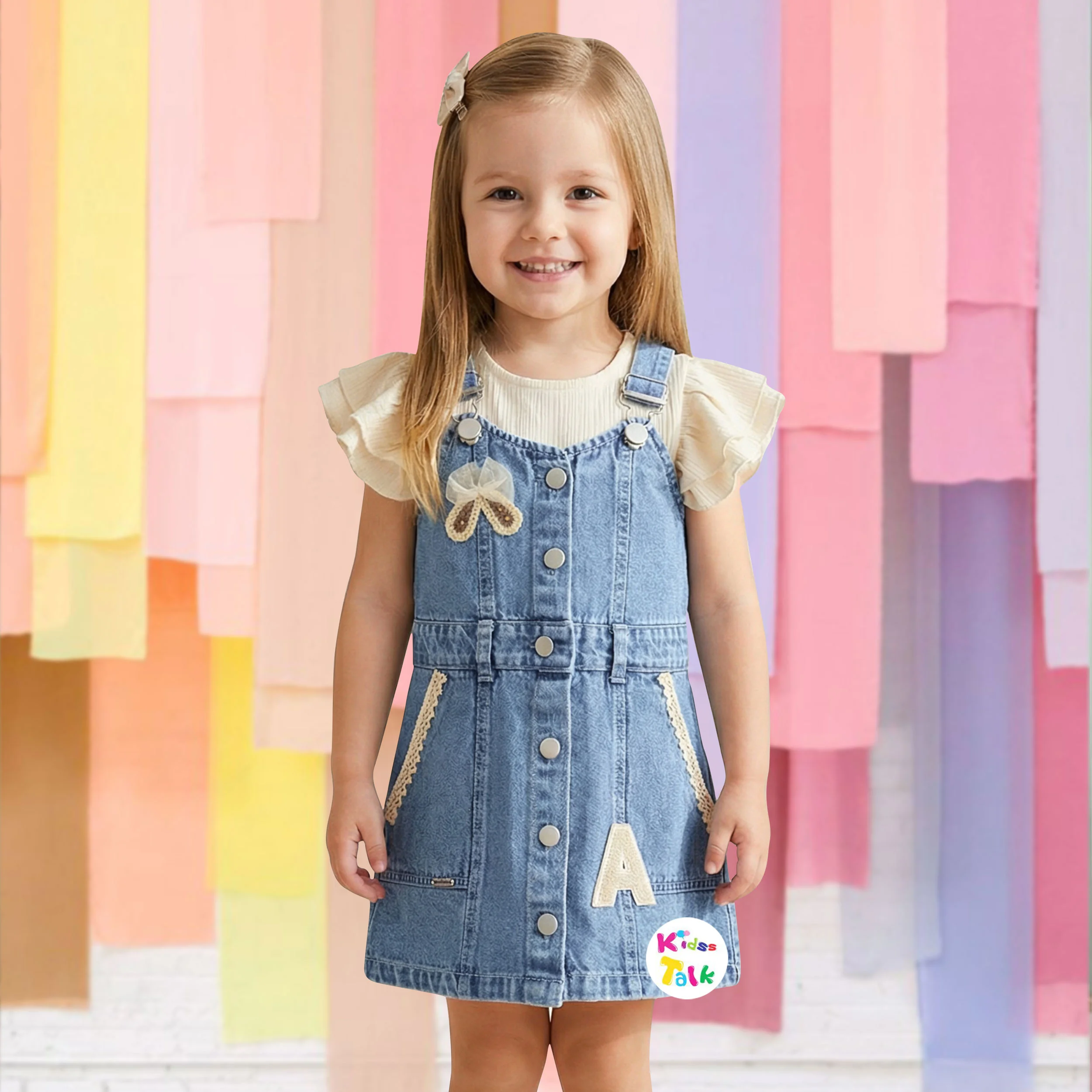 Denim Half Sleeve Cute Patch Work Pinafore - Ice Blue