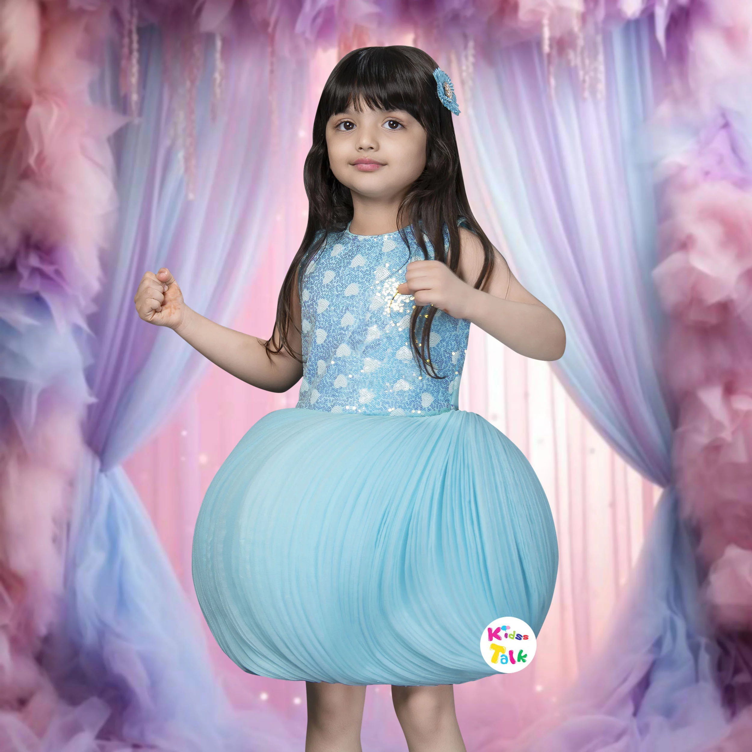 Trendy Net Sleeveless Party Frock With Sequins Work - Ice Blue