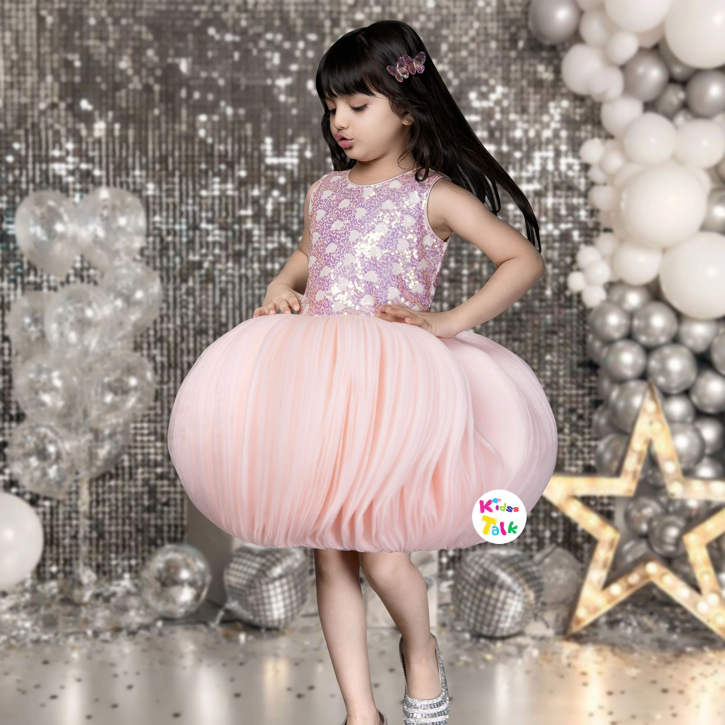 Trendy Net Sleeveless Party Frock With Sequins Work - Peach