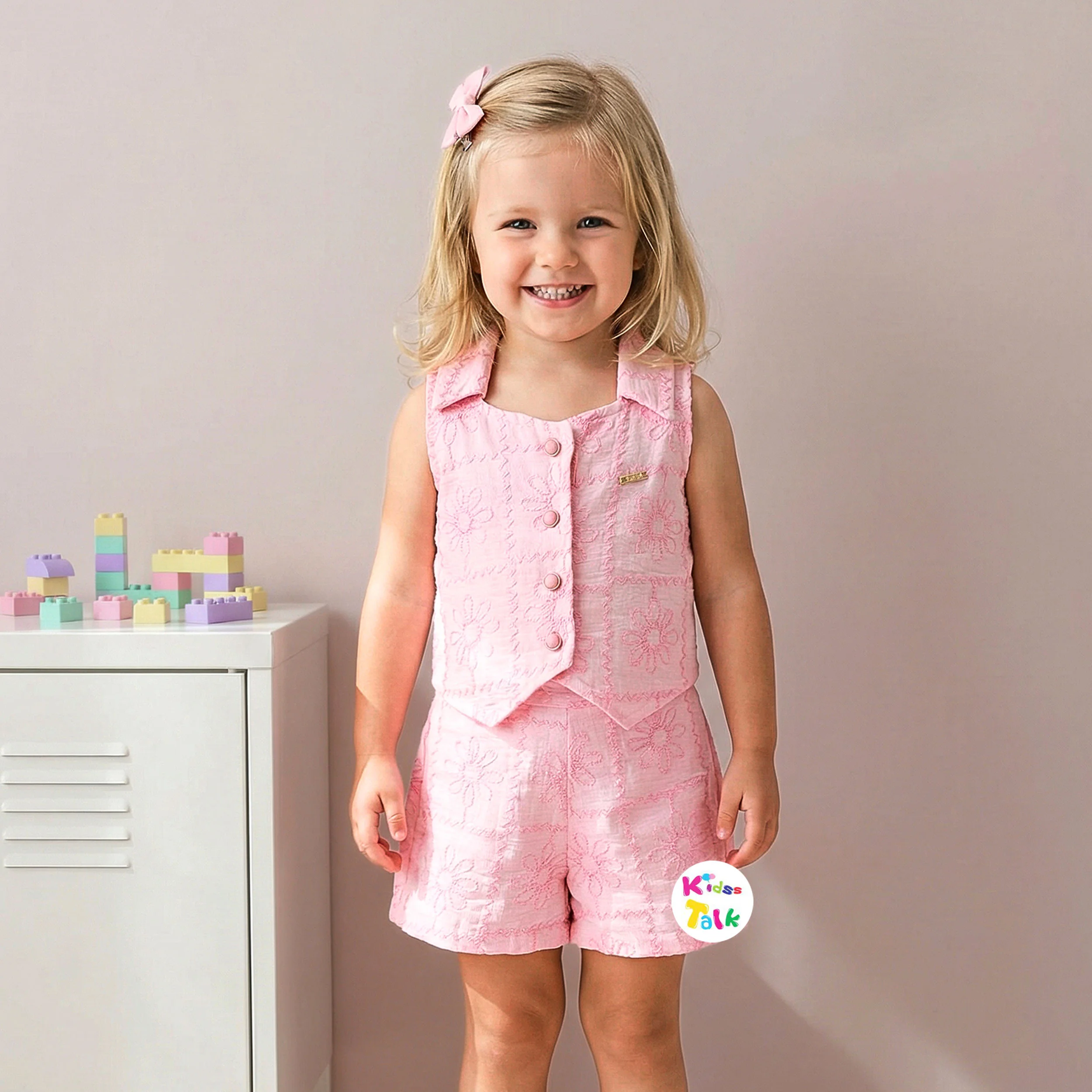 Cotton Sleeveless Top With Embroidered & Half Pant - Baby Pink