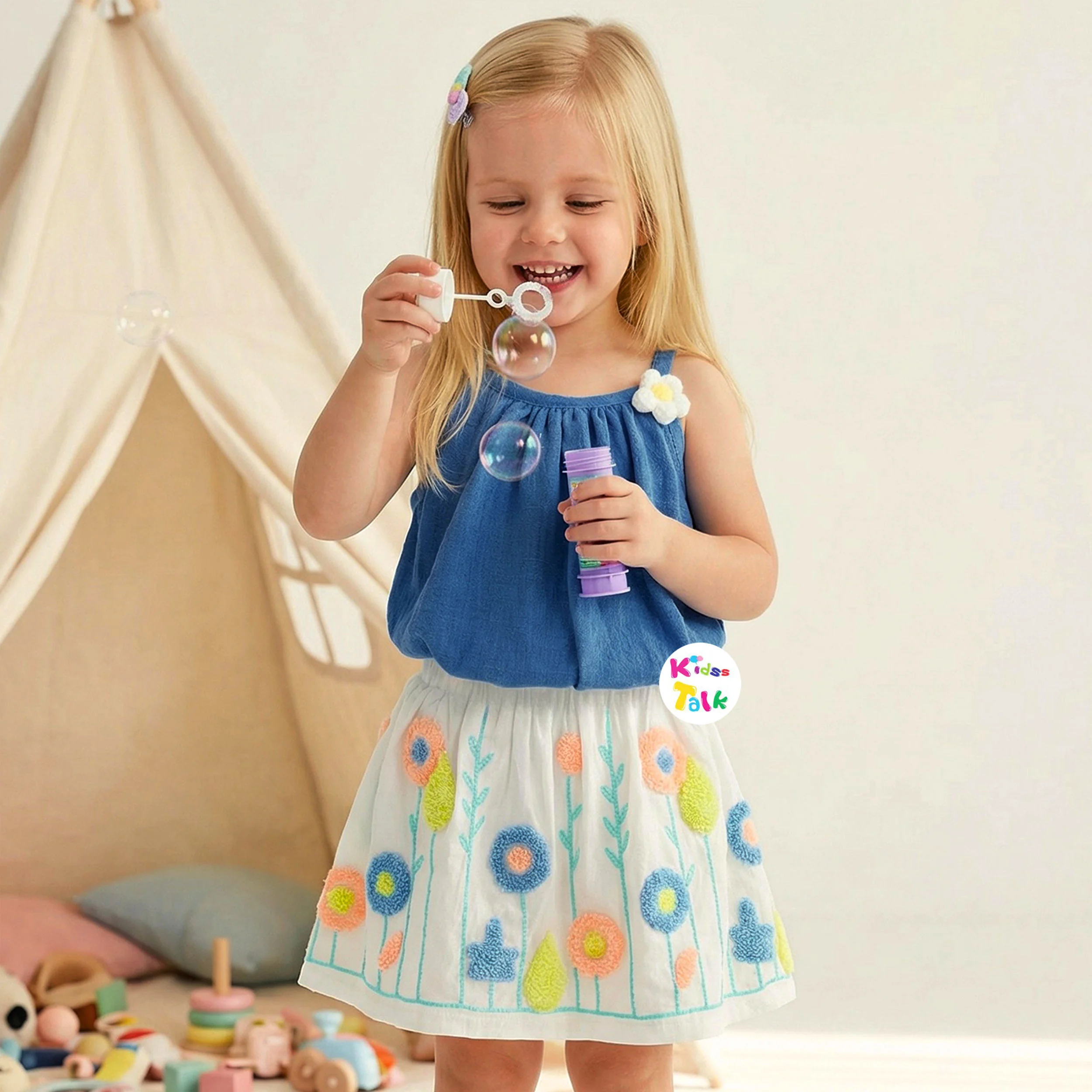 Cotton Sleeveless Skirt & Top With Cute Embroidered - Navy Blue