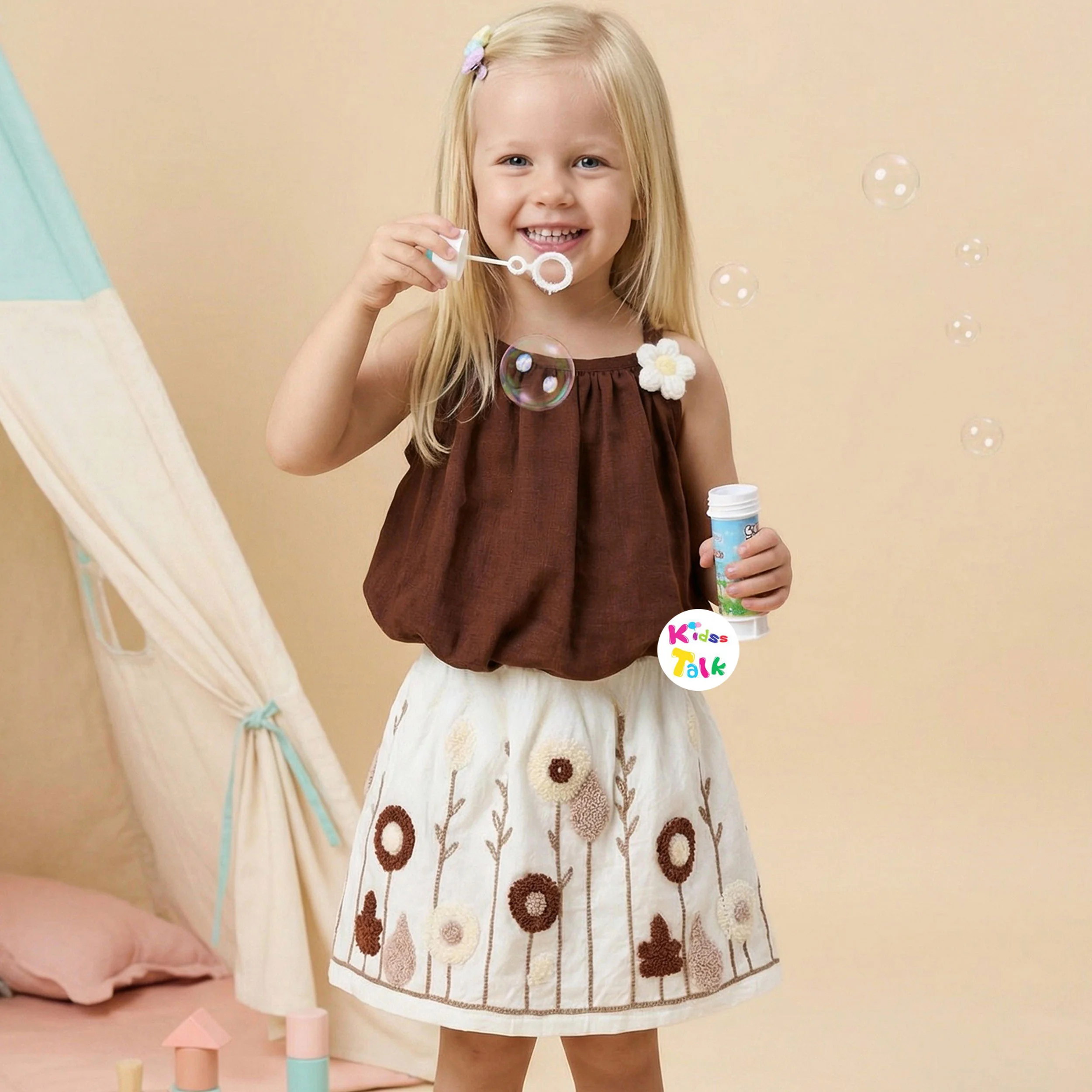 Cotton Sleeveless Skirt & Top With Cute Embroidered - Brown