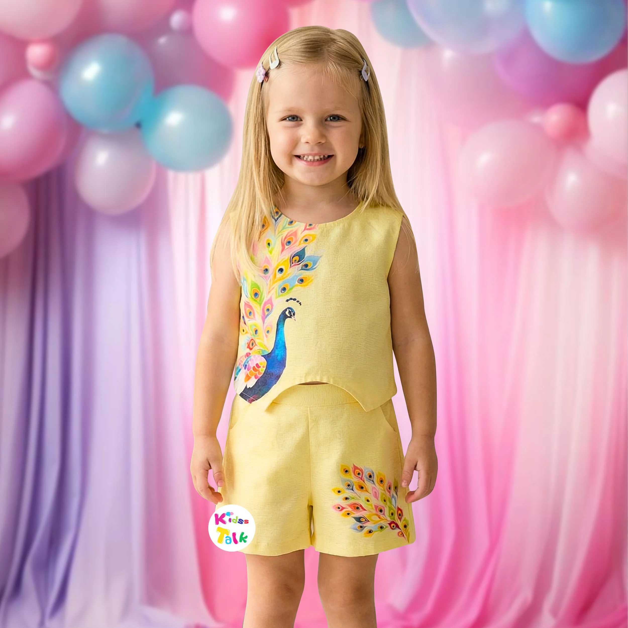 Cotton Sleeveless Half Pant Set With Cute Print - Lemon Yellow