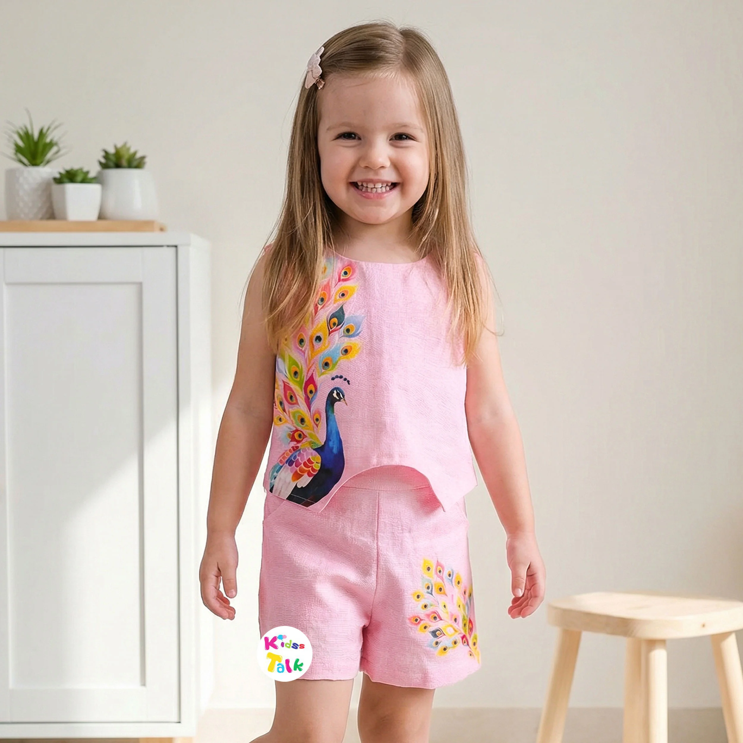 Cotton Sleeveless Half Pant Set With Cute Print - Baby Pink