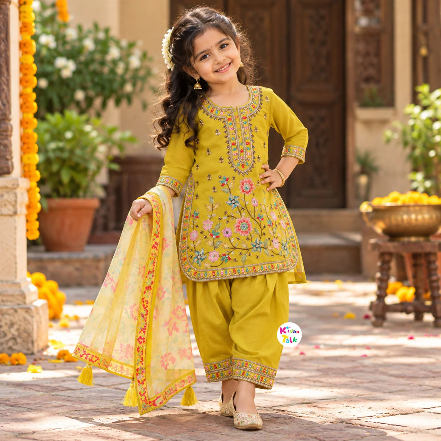 Silk Embroidered 3/4 Sleeve Kurta With Sharara & Dupatta - Mustard