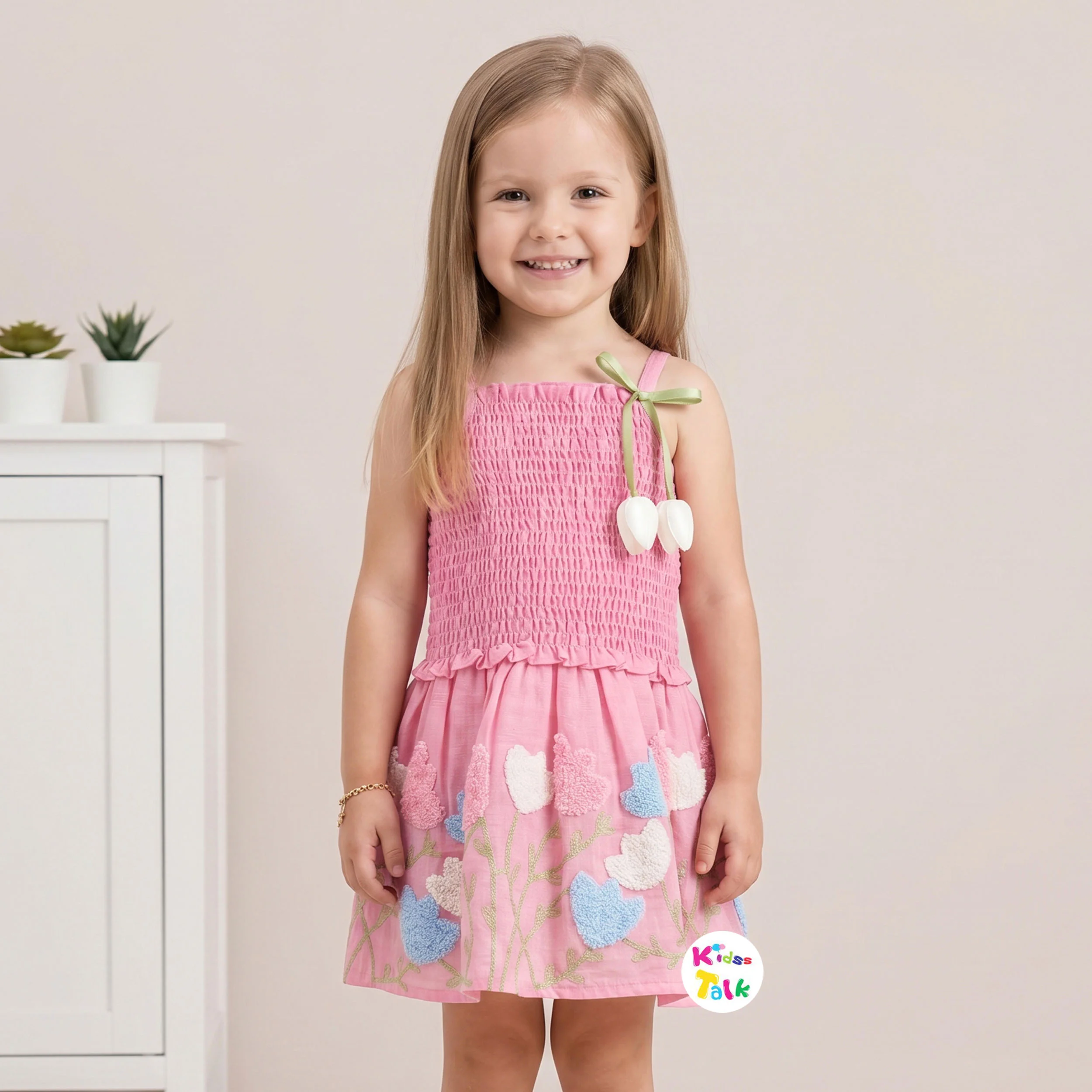 Cotton Sleeveless Skirt & Top With Cute Patch Work - Baby Pink