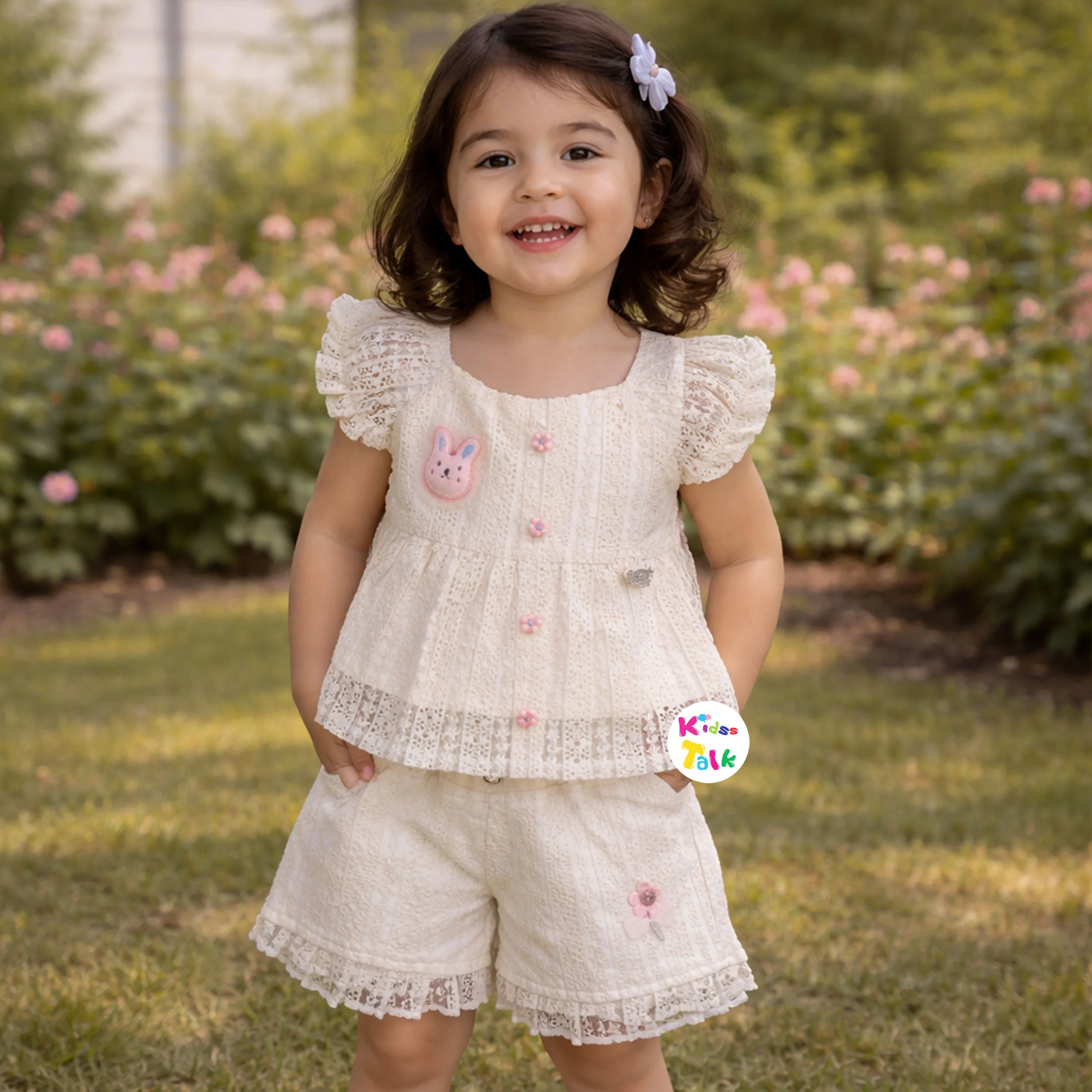 Cotton Knitted Half Sleeve Top With Cute Patch Work & Half Pant - Cream