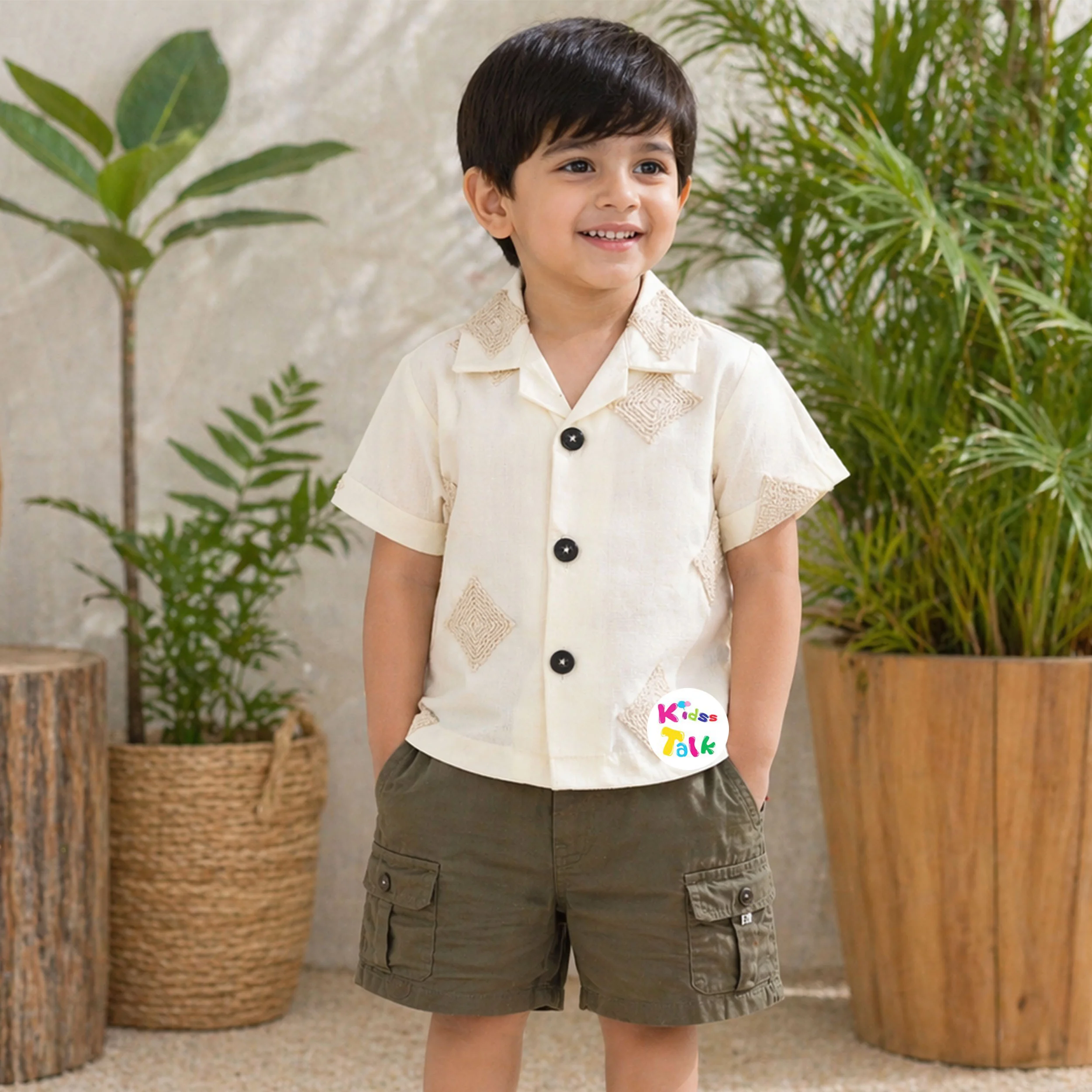 Cotton Half Sleeve Shirt & Half Pant With Cute Embroidered - Cream