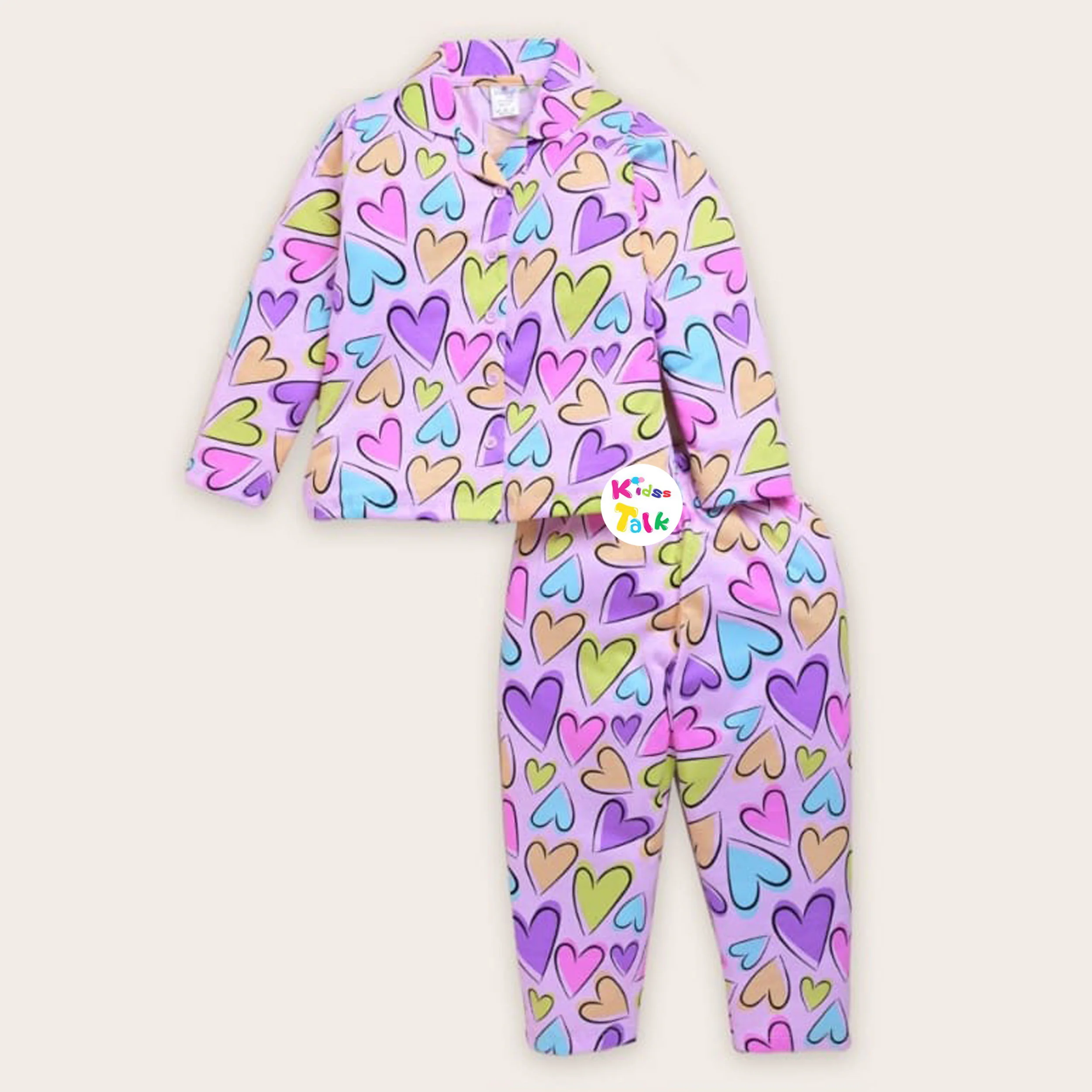 Cotton Full Sleeve Night Suit With Cute Printed - Baby Pink