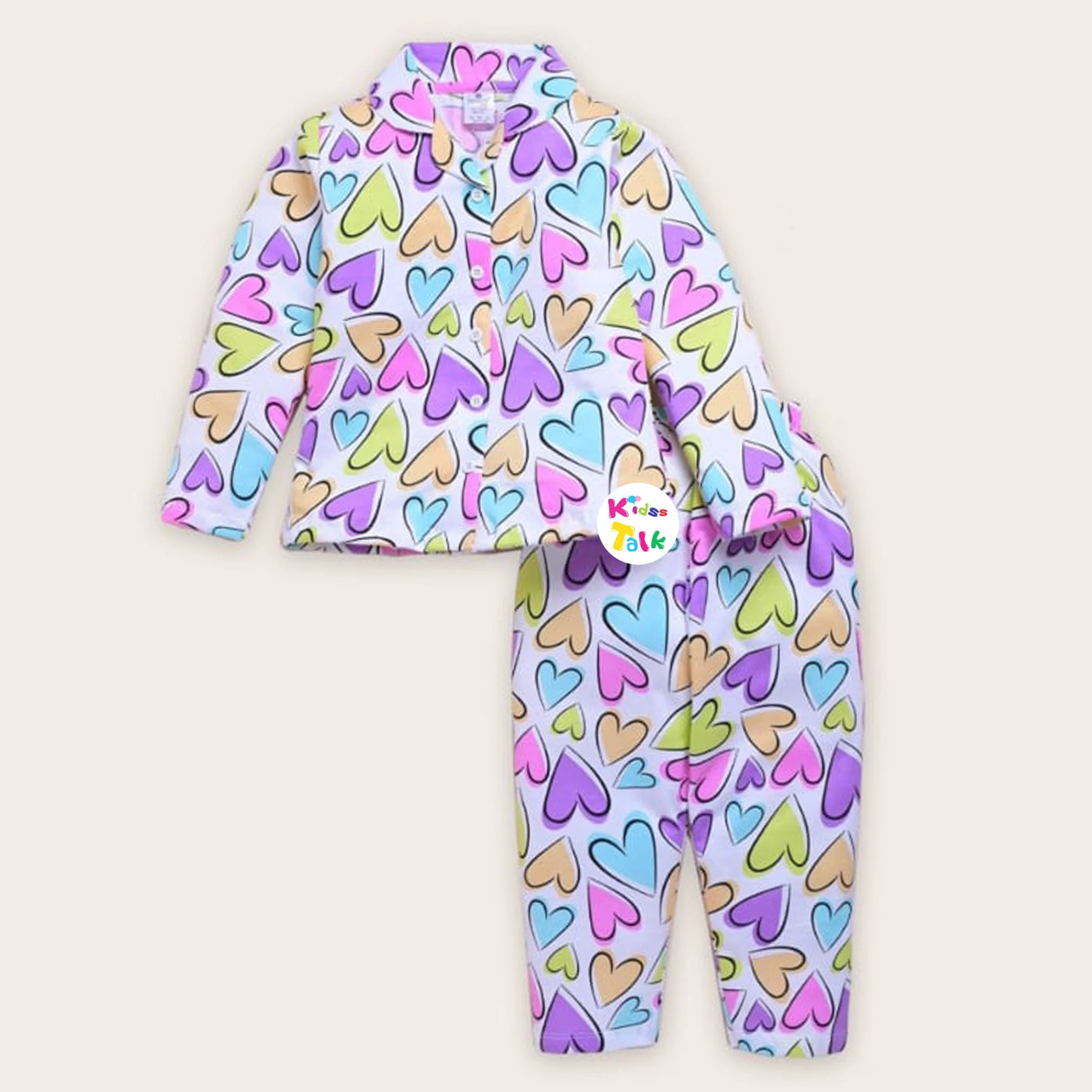 Cotton Full Sleeve Night Suit With Cute Printed - White
