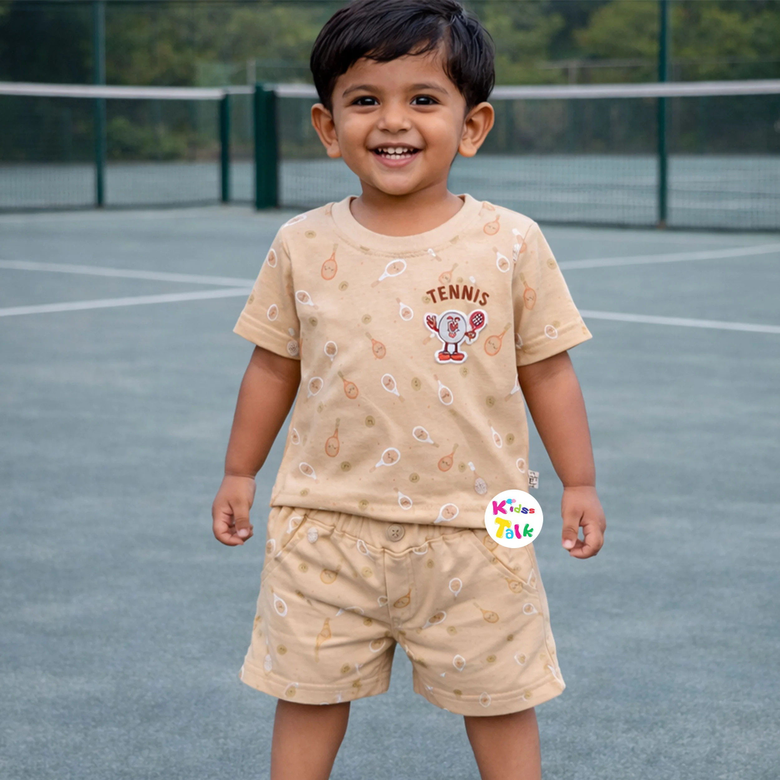 Cotton Knitted Half Sleeve T-shirt Set With Cute Print - Beige