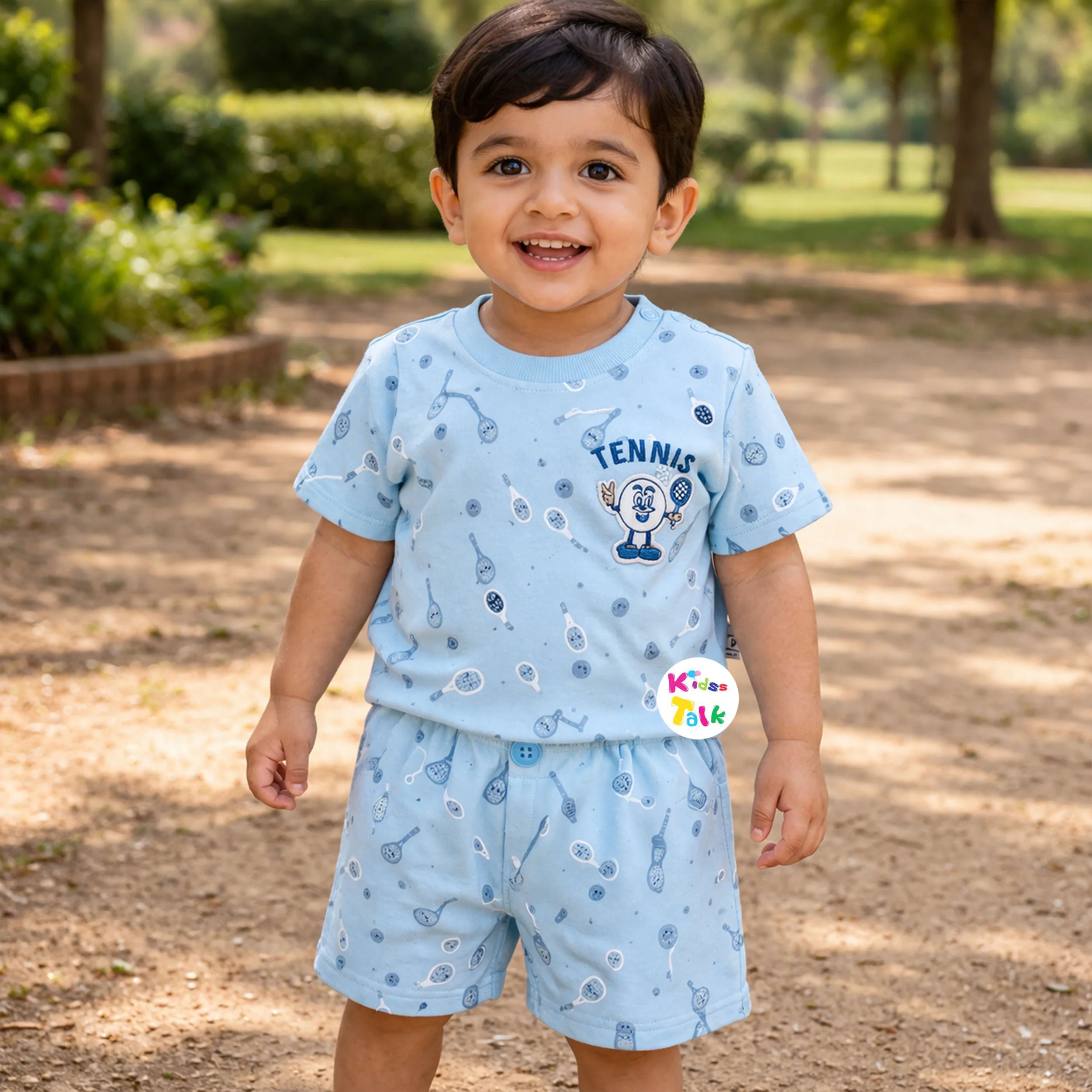 Cotton Knitted Half Sleeve T-shirt Set With Cute Print - Ice Blue