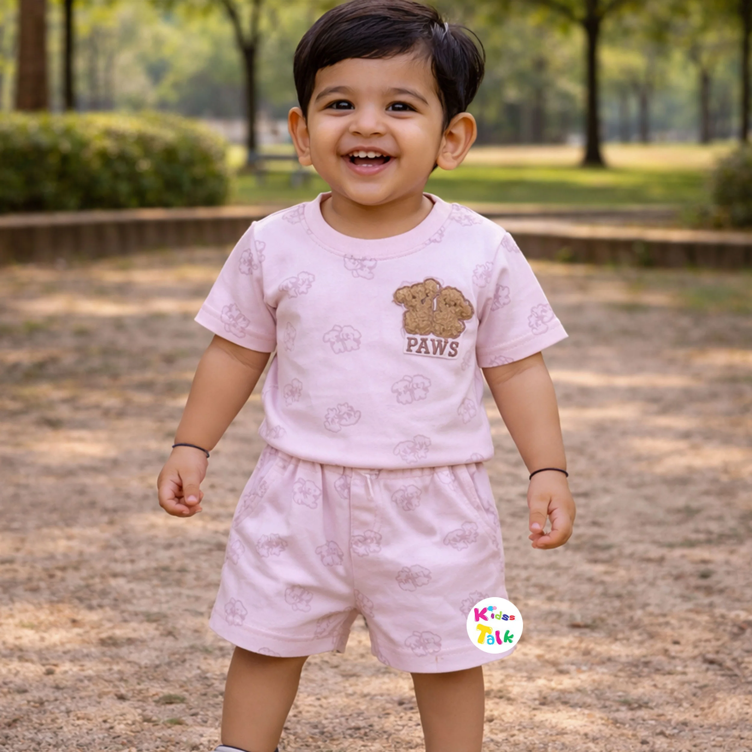 Cotton Knitted Half Sleeve T-shirt Set With Cute Print - Lavender