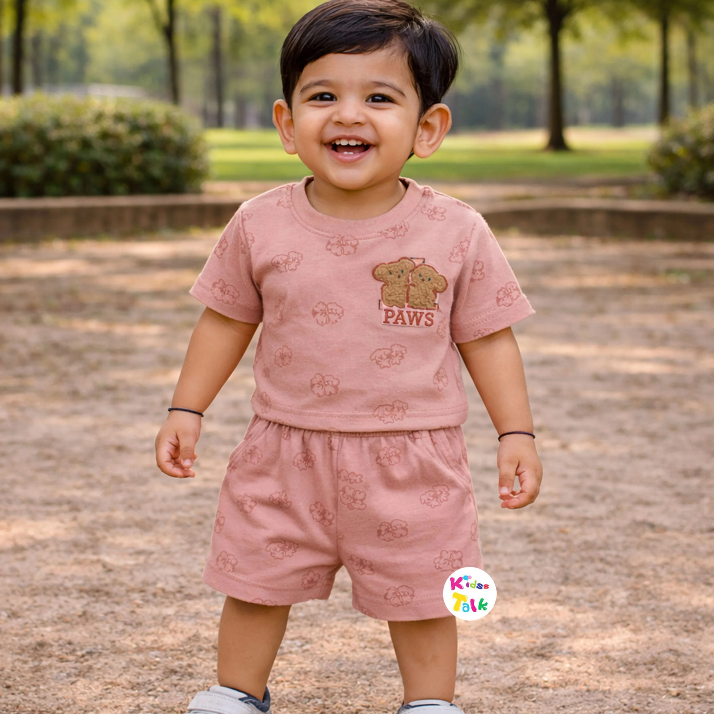 Cotton Knitted Half Sleeve T-shirt Set With Cute Print - Peach