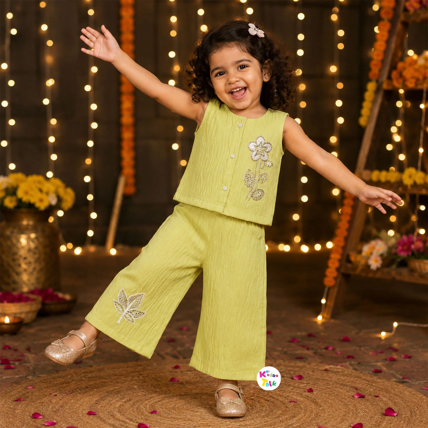 Cotton Sleeveless Top & Culottes With Embroidery - Pista Green