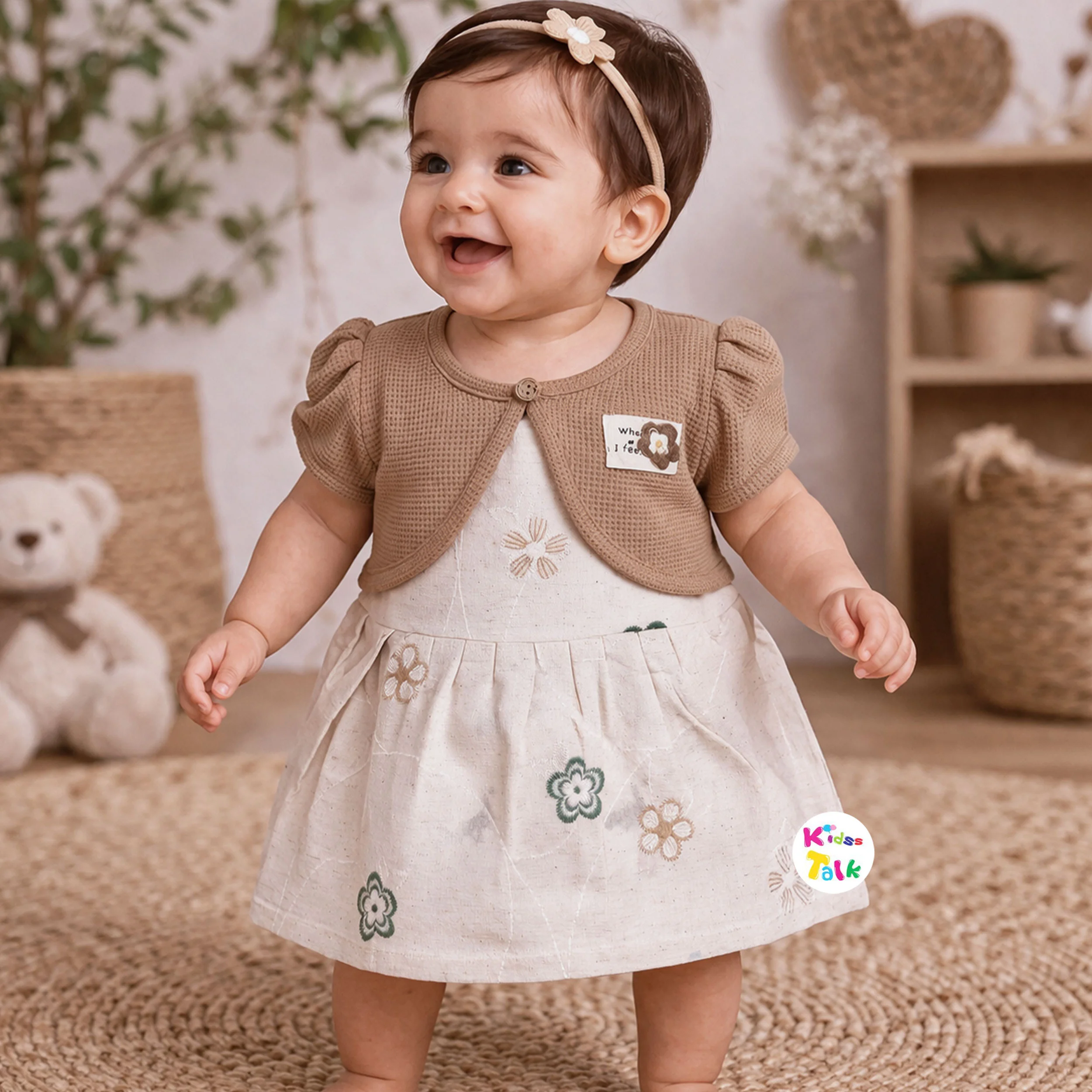 Cotton Half Sleeve Frock With Cute Embroidered - Green