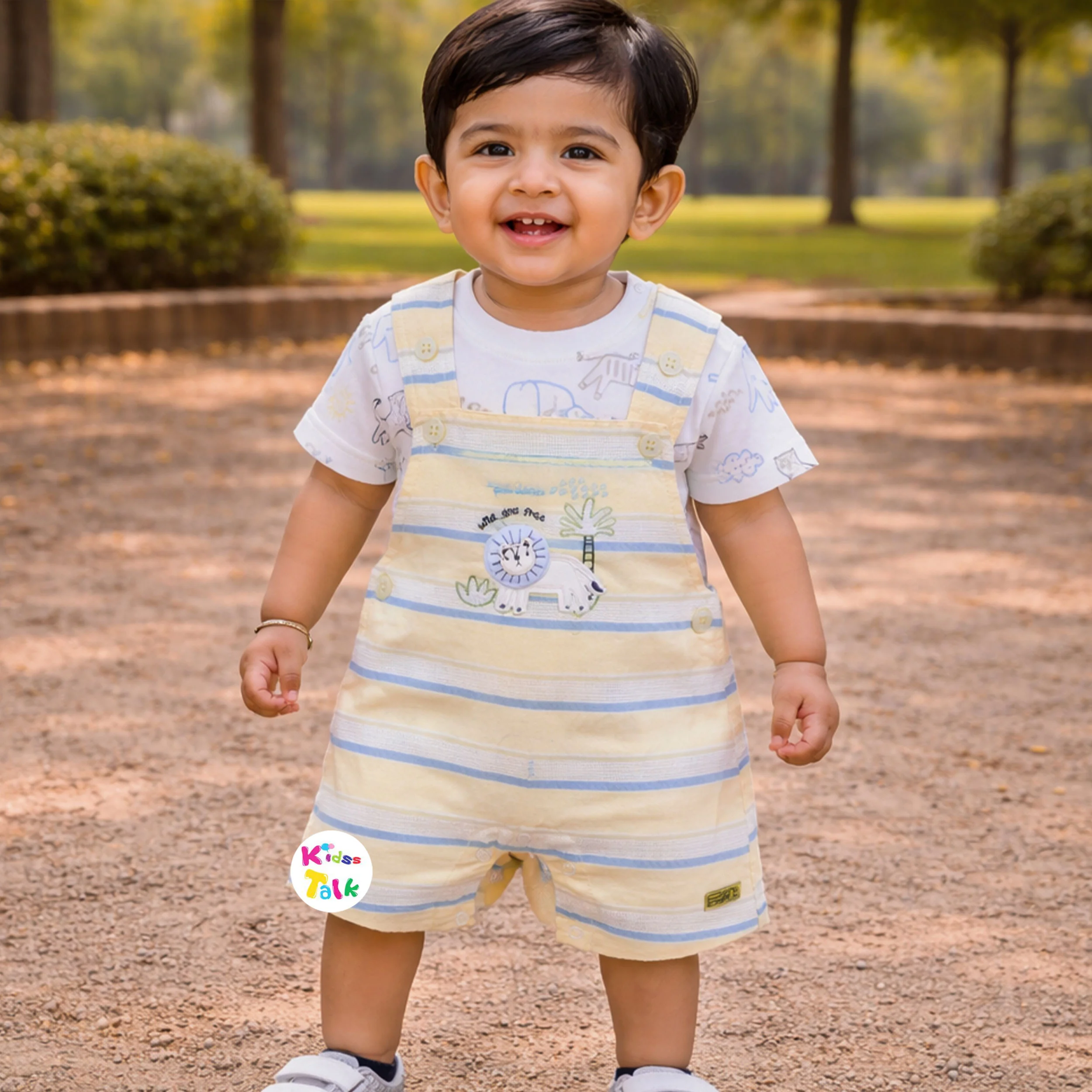 Cute Cotton Knitted Half Sleeve Dungaree Set With Cute Print - Lemon Yellow