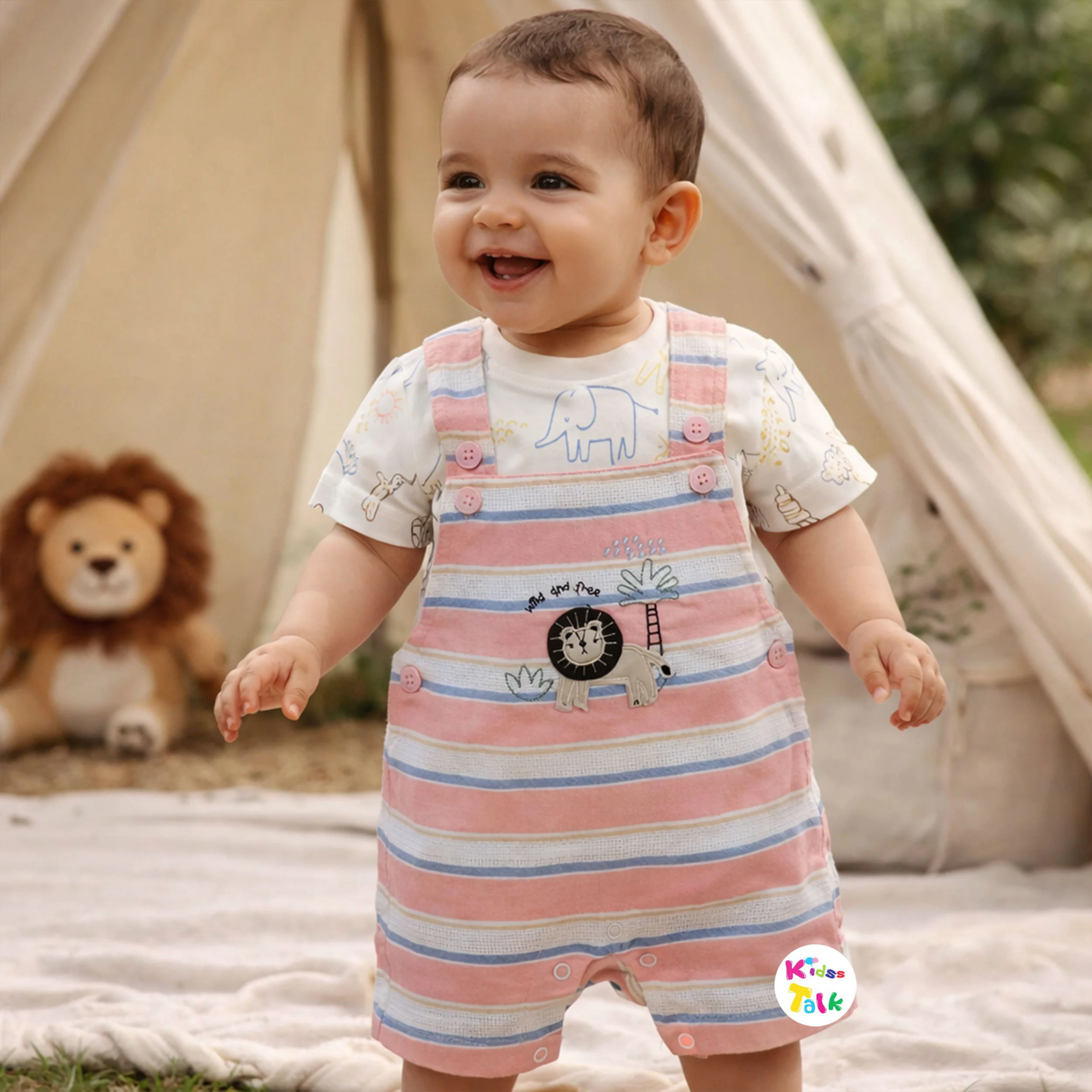 Cute Cotton Knitted Half Sleeve Dungaree Set With Cute Print - Peach