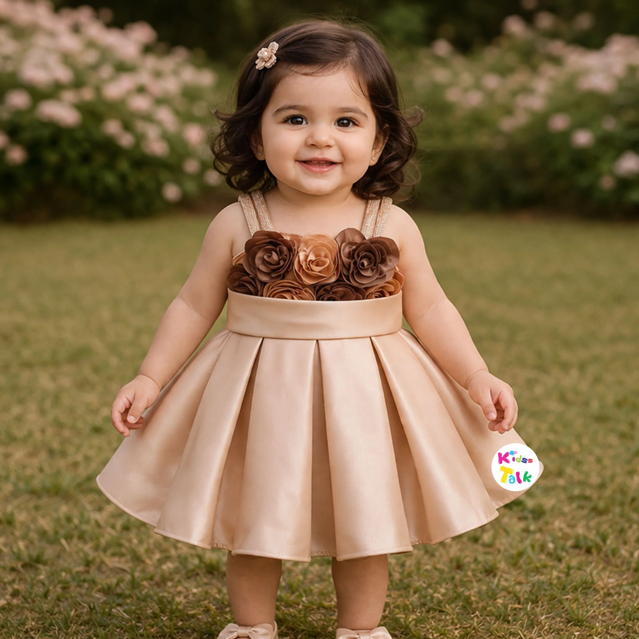 Satin Sleeveless Party Frock With Flower Applique - Golden