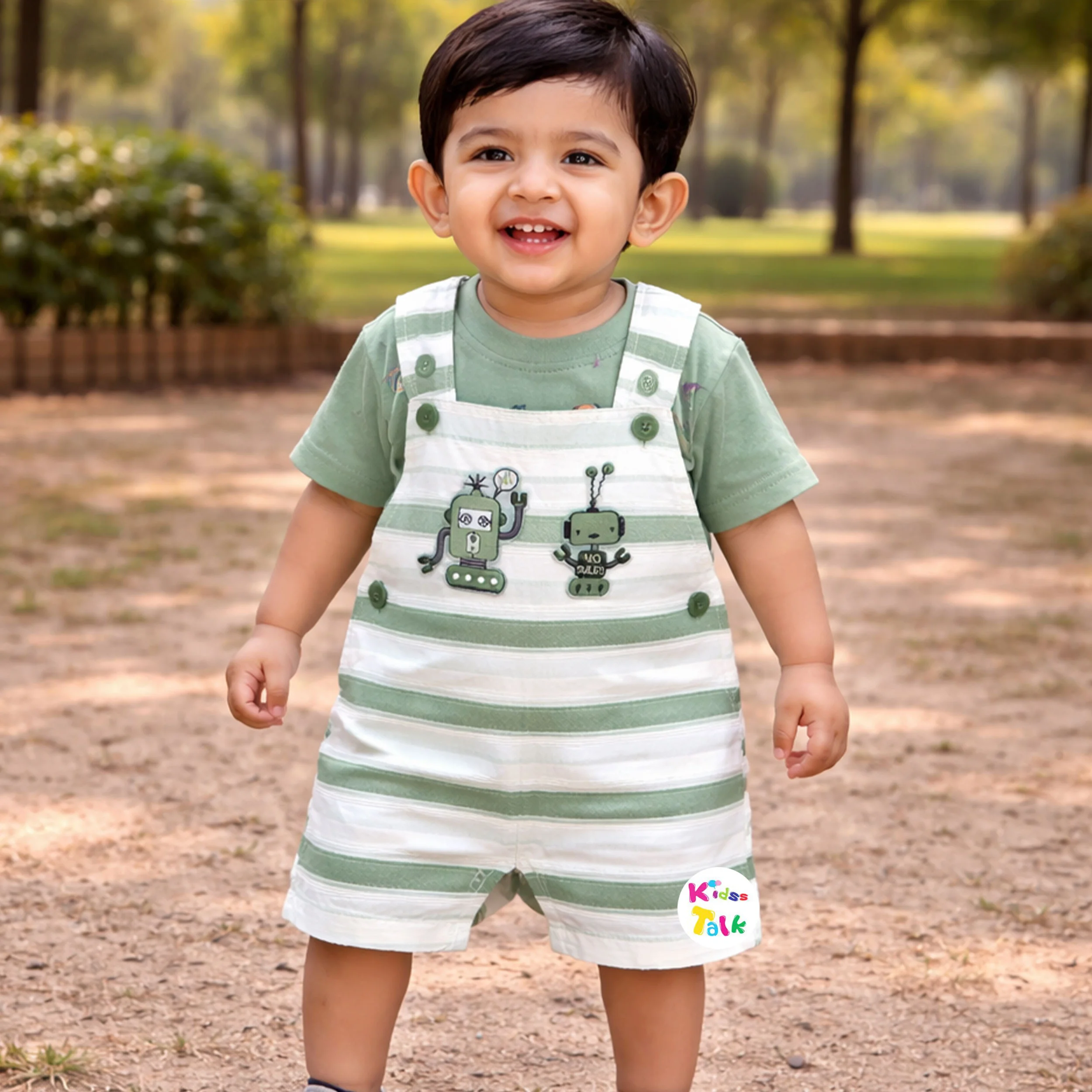 Cute Cotton Knitted Half Sleeve Dungaree Set With Cute Print - Olive Green