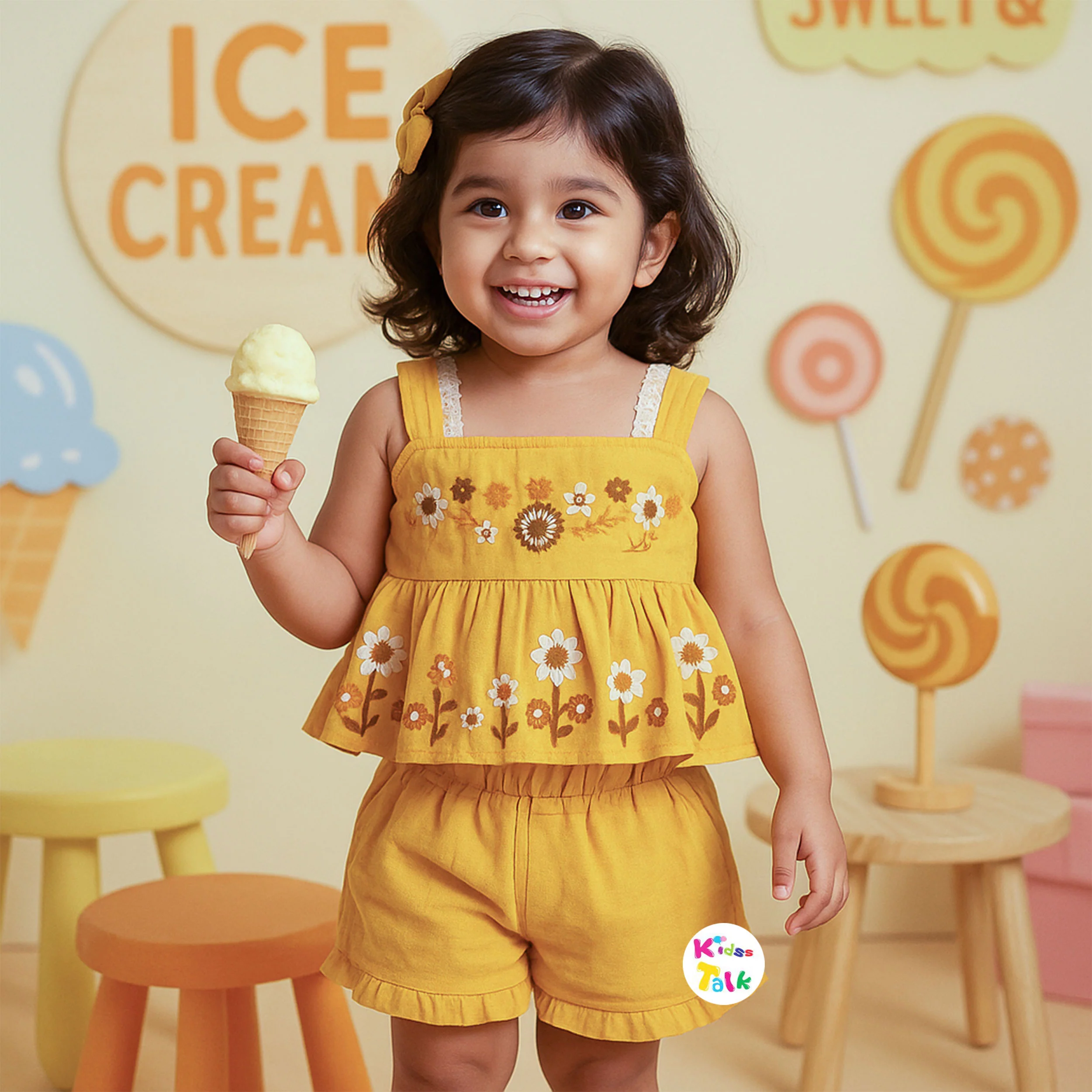 Muslin Sleeveless Half Pant Set With Embroidered - Mustard