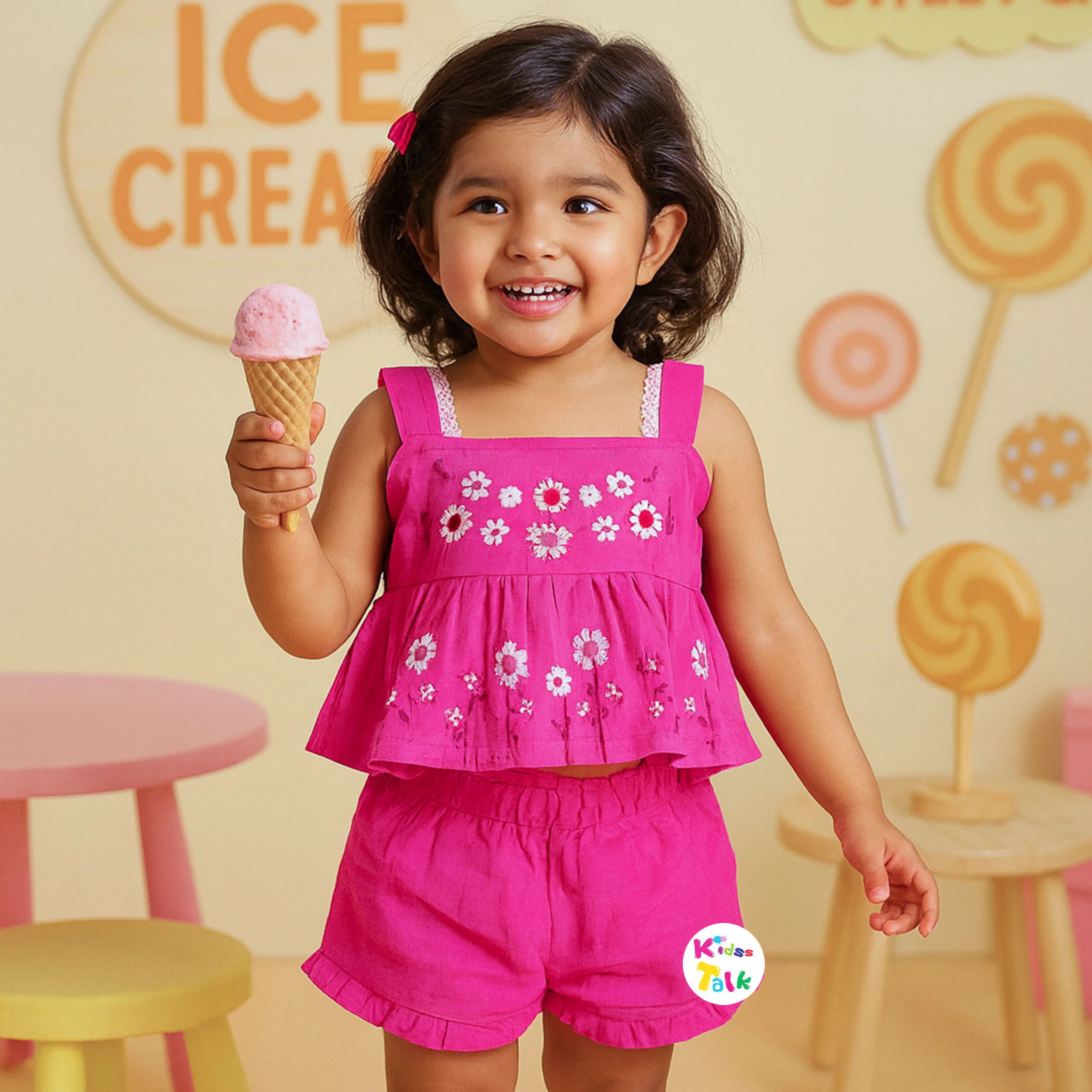 Muslin Sleeveless Half Pant Set With Embroidered - Flamingo Pink